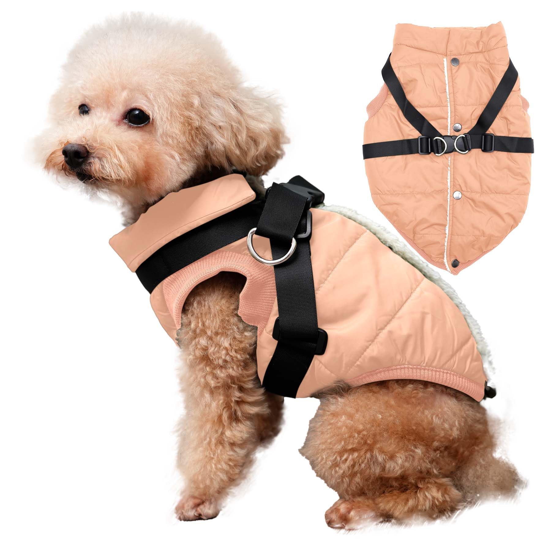 Joydaog Dog Jacket With Harness,Fleece Lined Warm Puppy Coat For Winter,Soft Windproof Small Dog Vest,Lightorange M