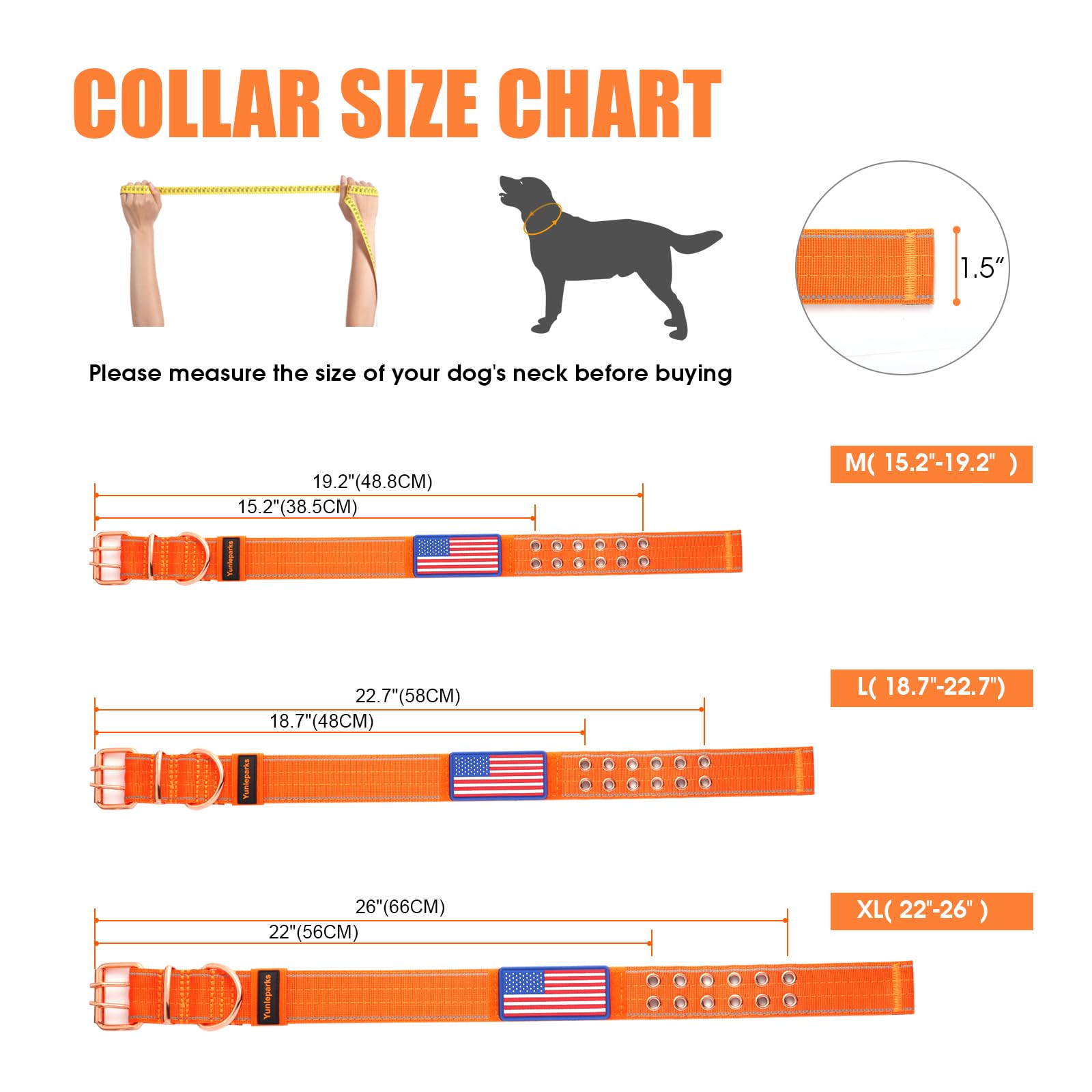 Yunleparks Heavy Duty Tactical Dog Collar With Neoprene Padded And Metal Buckle, Reflective Nylon For Medium To Large Dogs(Orang