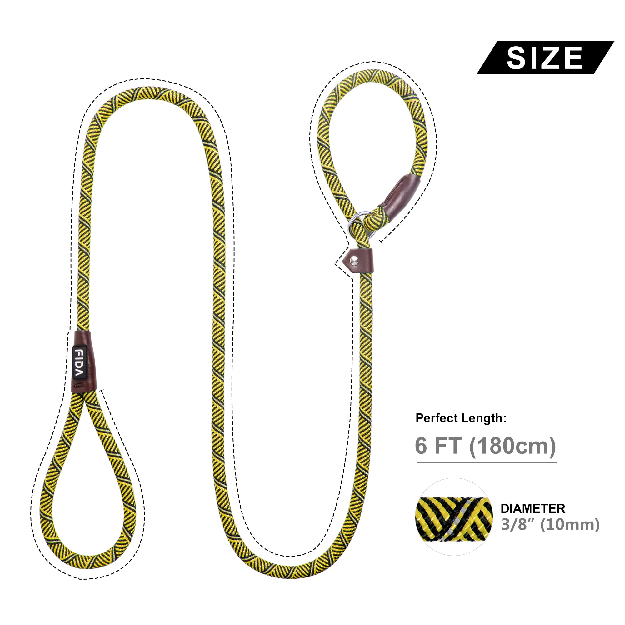 Fida Durable Slip Lead Dog Leash, 6 FT x 3/8", Heavy Duty, Reflective, Yellow, Comfortable for Small Dogs and Puppies