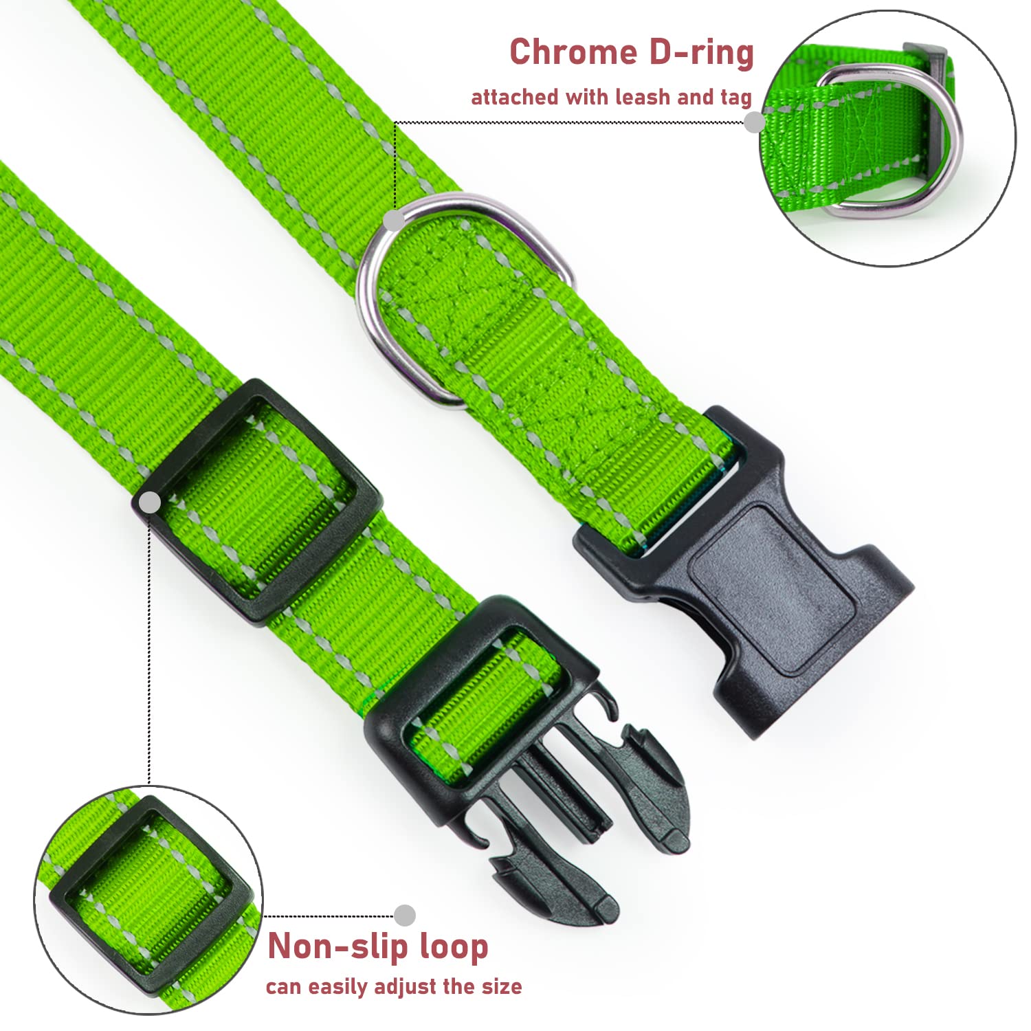 Reflective Dog Collar With Buckle Adjustable Safety Nylon Collars For Small Medium Large Dogs, Grass Green Xs
