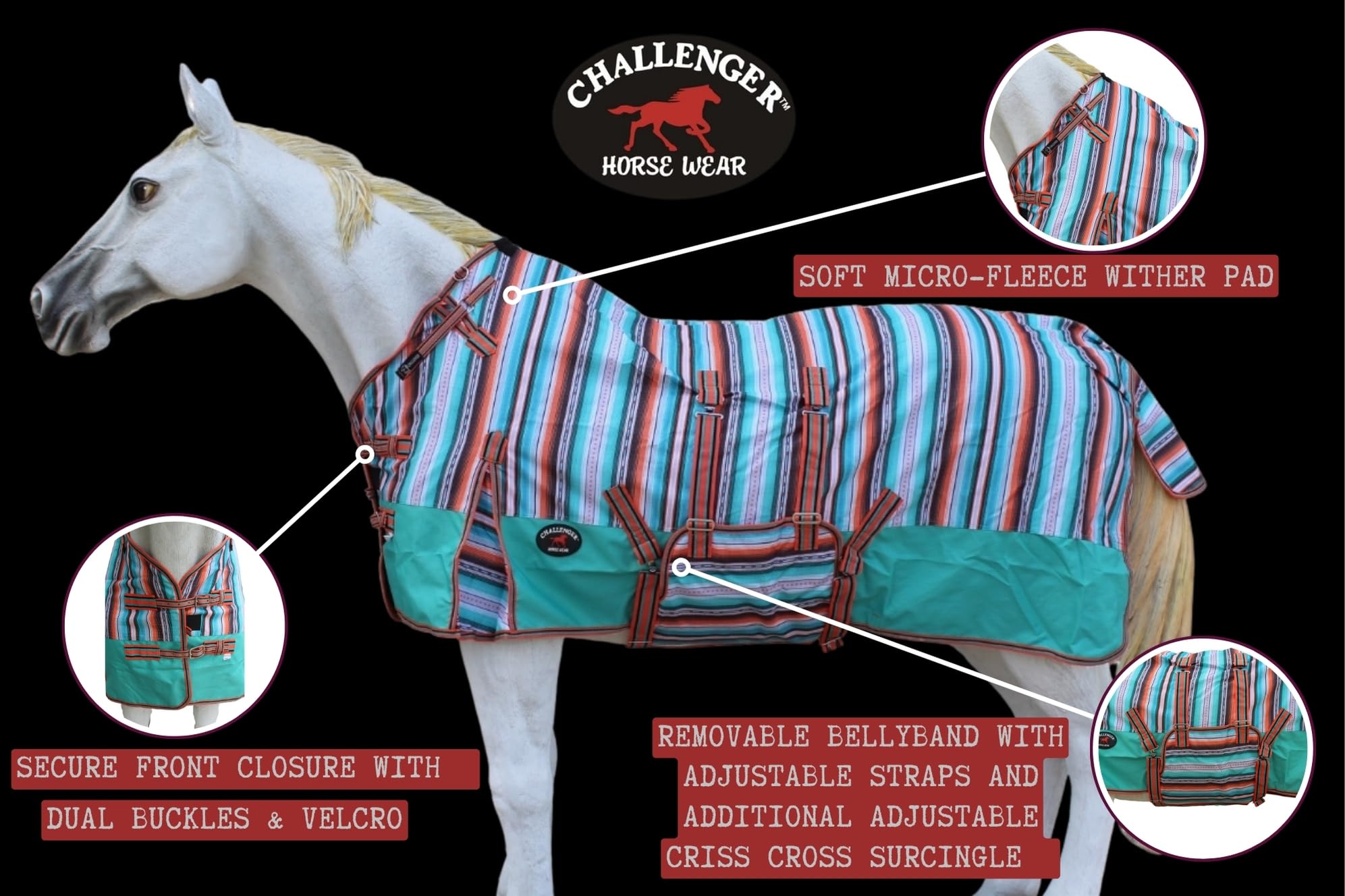 Challenger 74'' 1200D Turnout Lightweight Medium Bellyband Horse Winter Sheet Fleece Lining Serape 399Lg