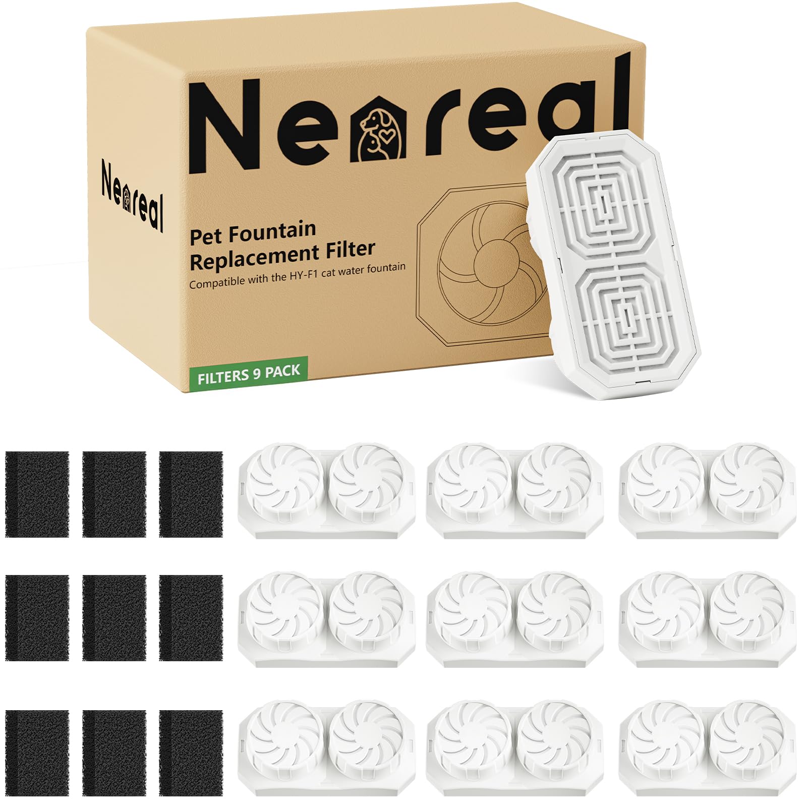Neareal Official 9 Pack Replacement Filters & Pre-Filter Sponges for 74oz/2.2L Stainless Steel Cat Water Fountain