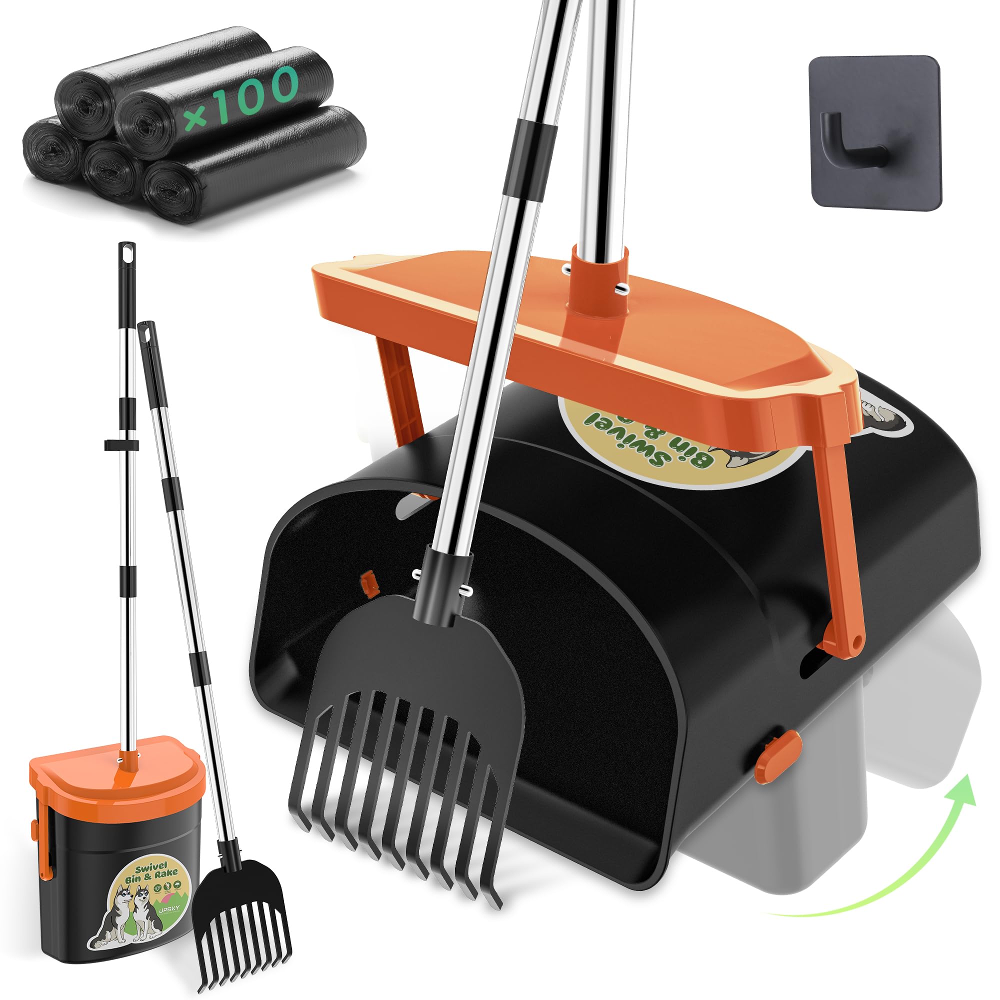 Upsky Dog Pooper Scooper Swivel Bin & Rake Kit With 100 Waste Bags,33.4' Stainless Steel Long Handle Heavy Duty Pet Poop Shovel