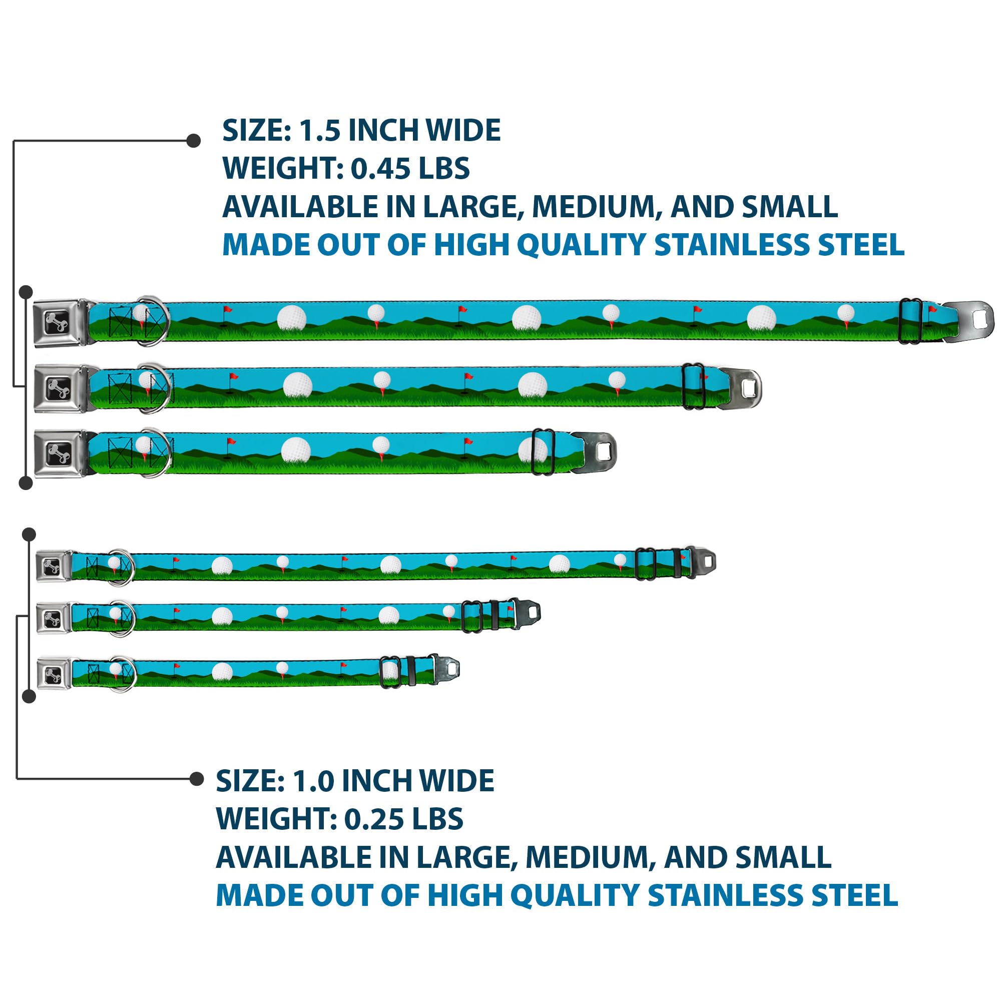 Dog Collar Seatbelt Buckle Golf Course Balls Holes Blues Greens 18 To 32 Inches 1.5 Inch Wide