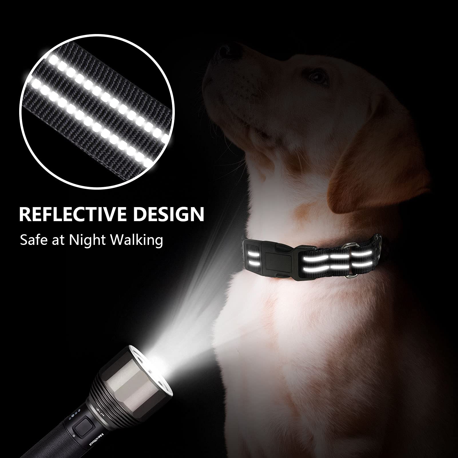 Hikiko Martingale Dog Collar - Reflective Nylon, Quick Release, Adjustable, Size M (13.5"-16.5" Neck), Black for Small to Large Dogs