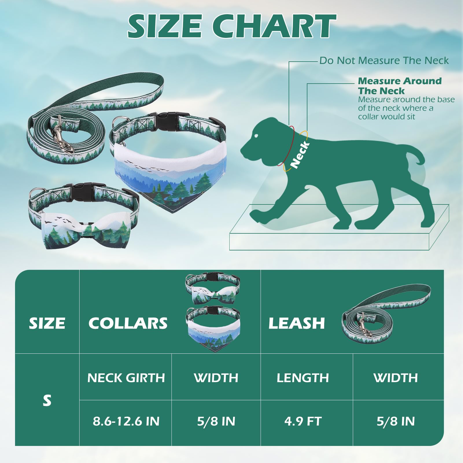 Expawlorer Small Dog Collar And Leash Set - Adjustable Dog Bandana Collar With Bell, Cute Dog Collar With Bow, Green Trees Patte