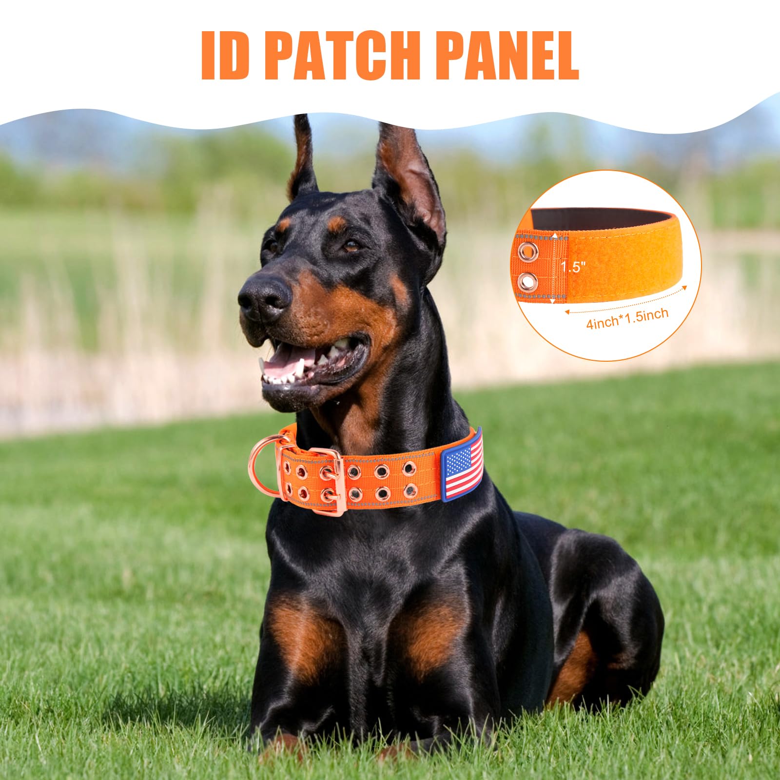 Yunleparks Heavy Duty Tactical Dog Collar With Neoprene Padded And Metal Buckle, Reflective Nylon For Medium To Large Dogs(Orang