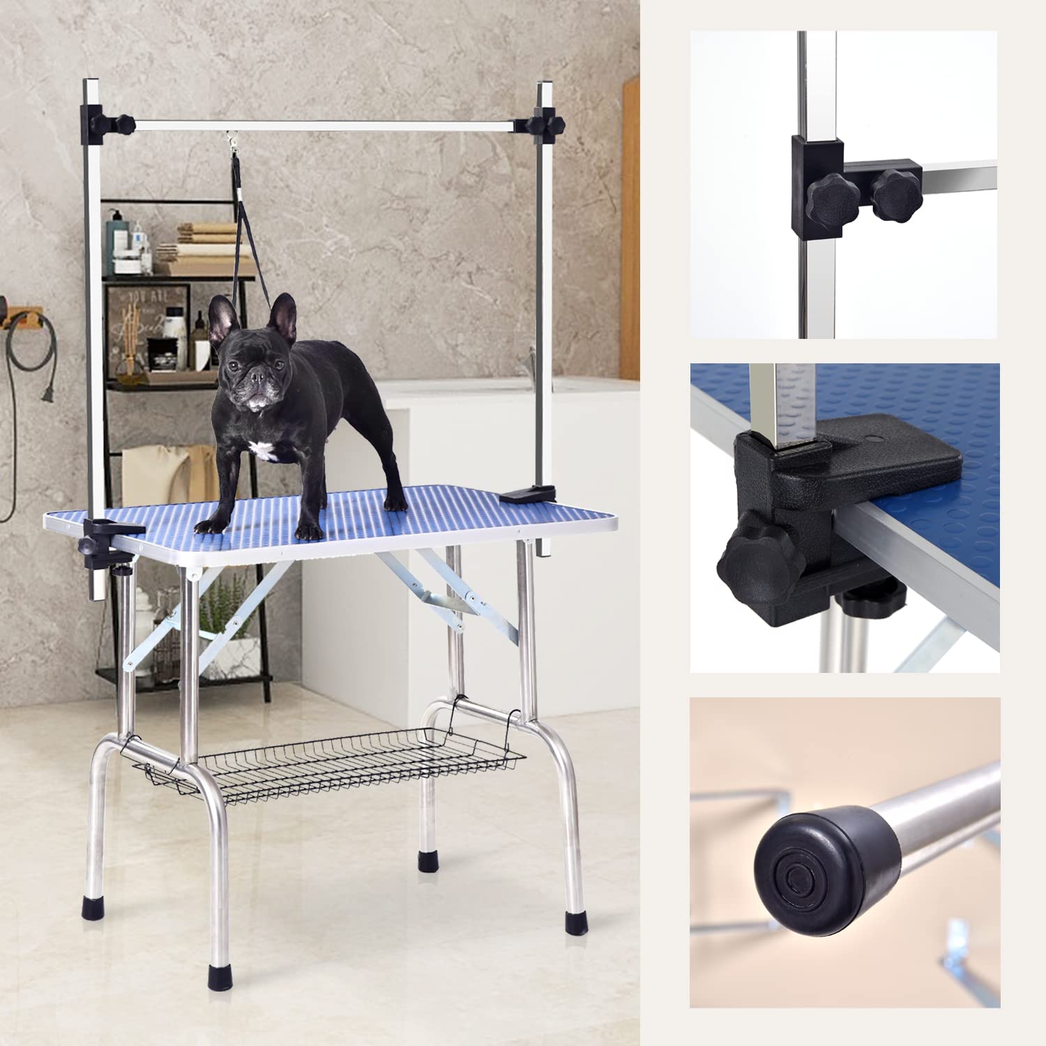 Soarflash Pet Dog Grooming Table Foldable,Heavy Duty Foldable Pet Grooming Table With Arm & Noose & Mesh Tray, Maximum Capacity Up To 330Lbs, 46Inch, Blue