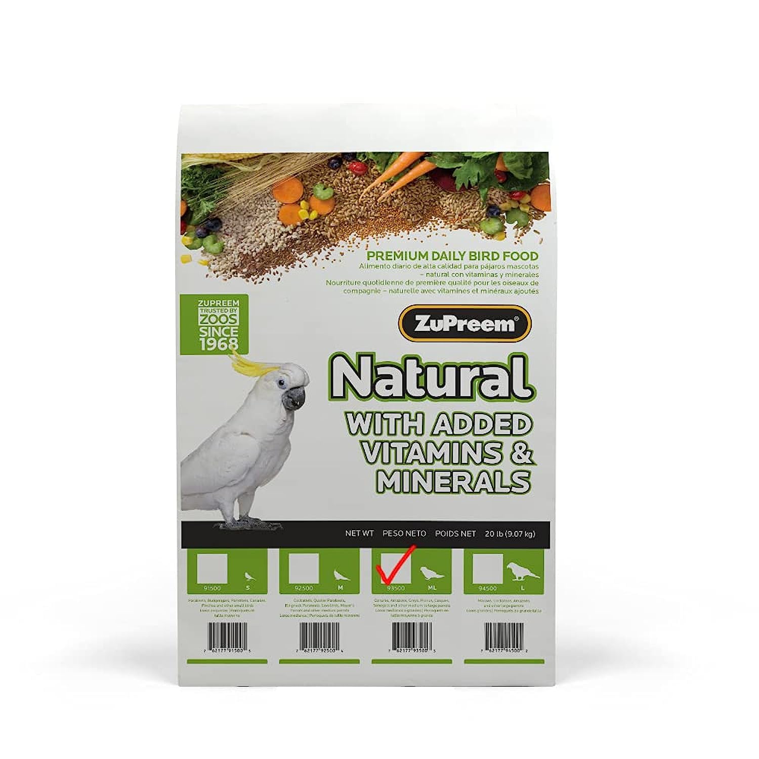 ZuPreem Natural Bird Pellets, Daily Bird Food for Parrot, Conure, Caique, African Grey, Eclectus, Small Cockatoo, Core Nutrition
