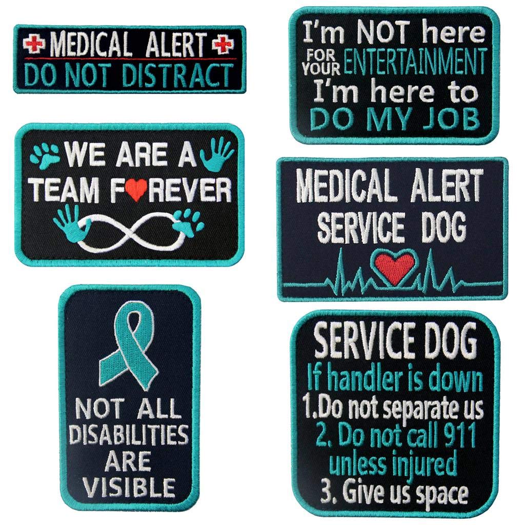 Service Dog Medical Not All Disabilities Are Visible Alert Vest/Harnesses Morale Tactical Patch Embroidered Badge Fastener Hook & Loop Emblem, 6 Pcs, Blue
