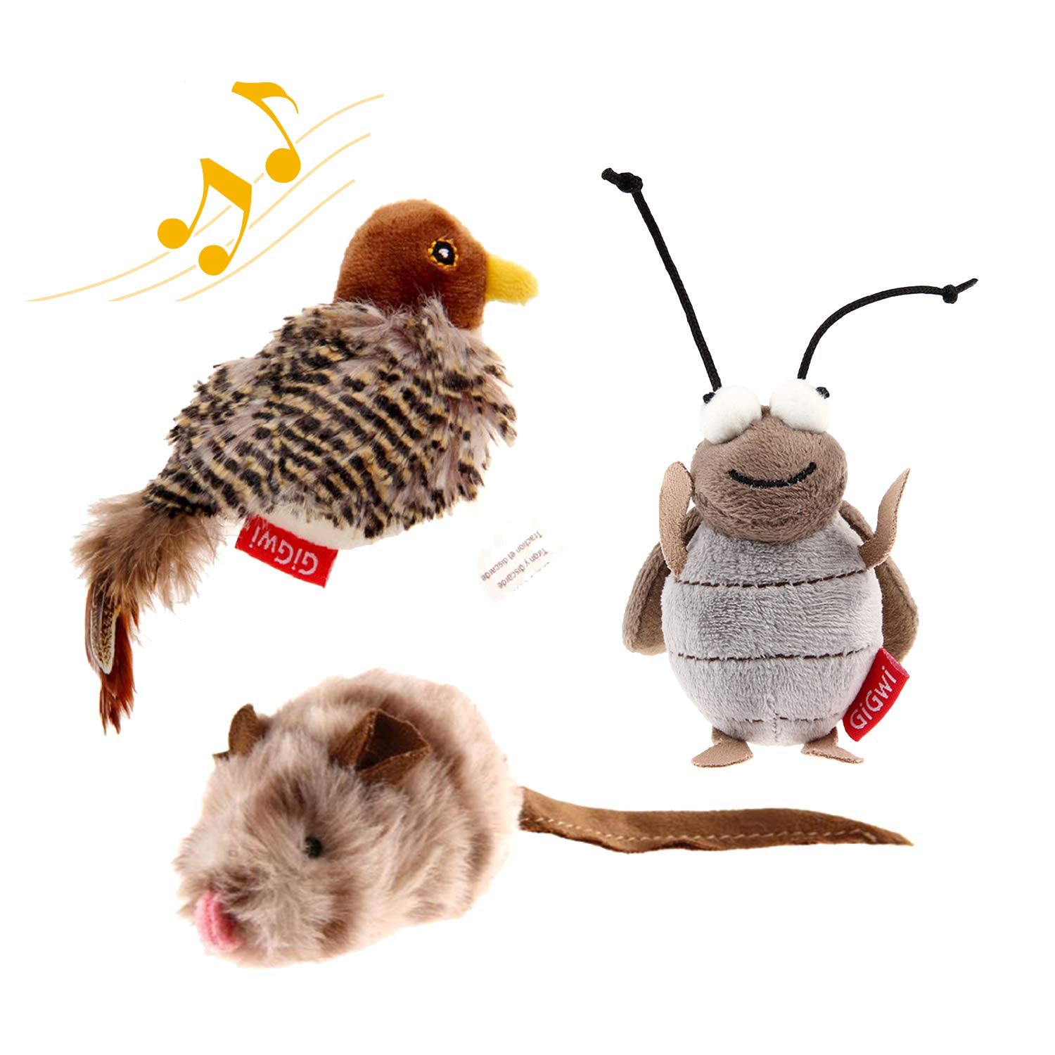 Gigwi Automatic Cat Toys Pack, Interactive Cat Toys Electronic Squeaky Animals Bird / Cricket / Mouse Sounds, Plush Toys For Cat