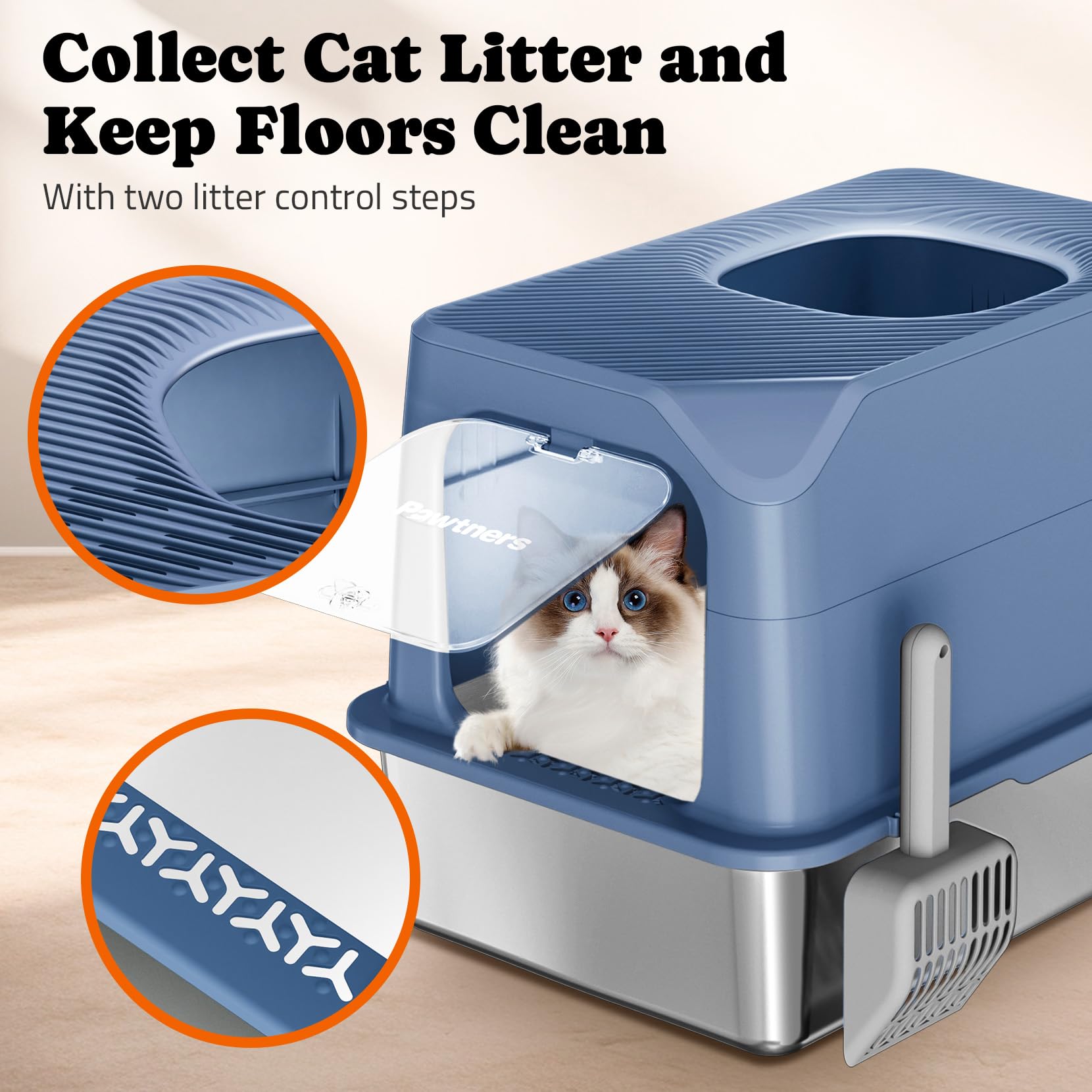Pawtners XL Stainless Steel Cat Litter Box - Enclosed Blue Toilet with Removable Lid, Anti-Leakage, Easy to Clean