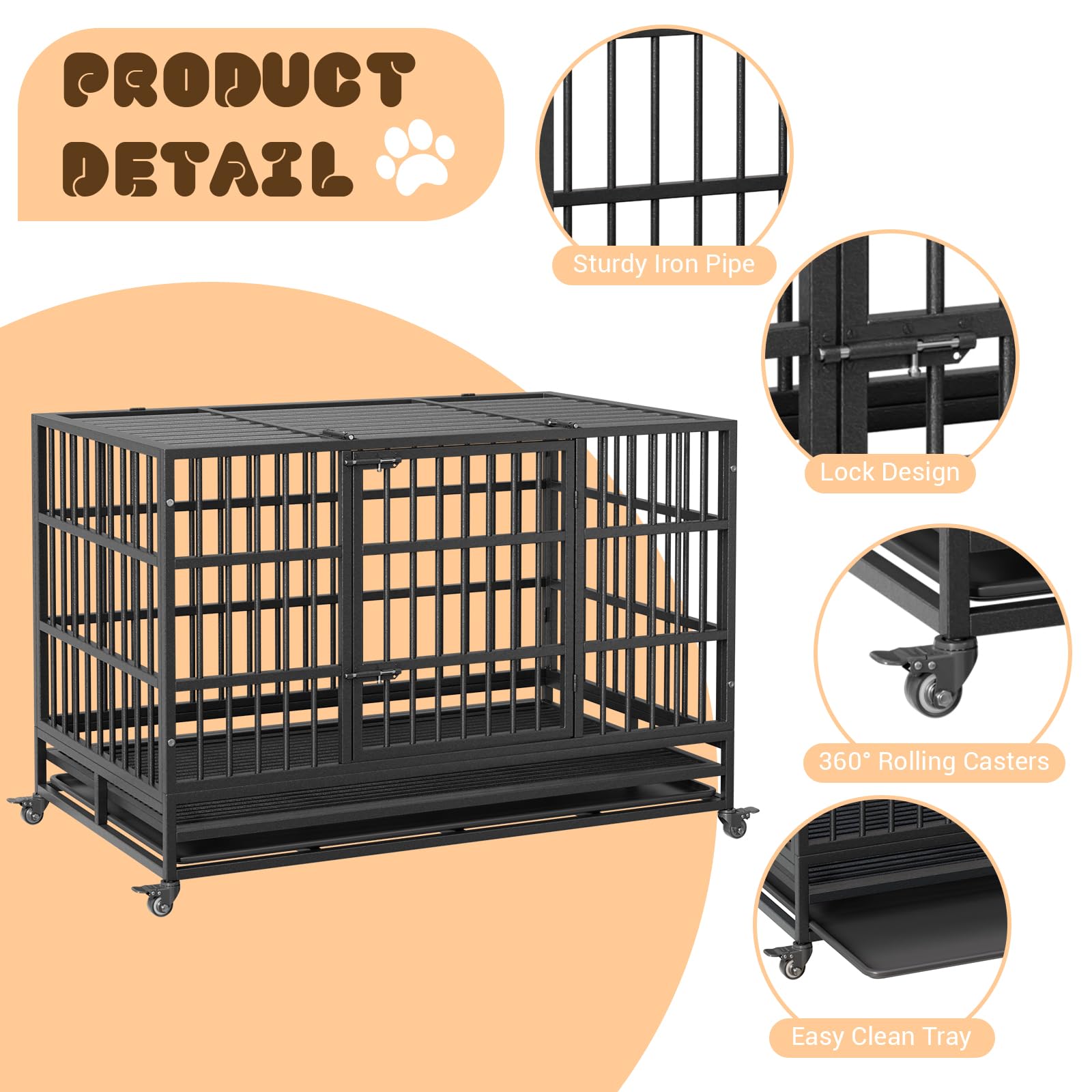 Heavy Duty Dog Crate, 48.5 Inch Indoor Dog Crate with Double Door, 360 Lockable Wheels and Removable Tray, Easy to Assembly,for