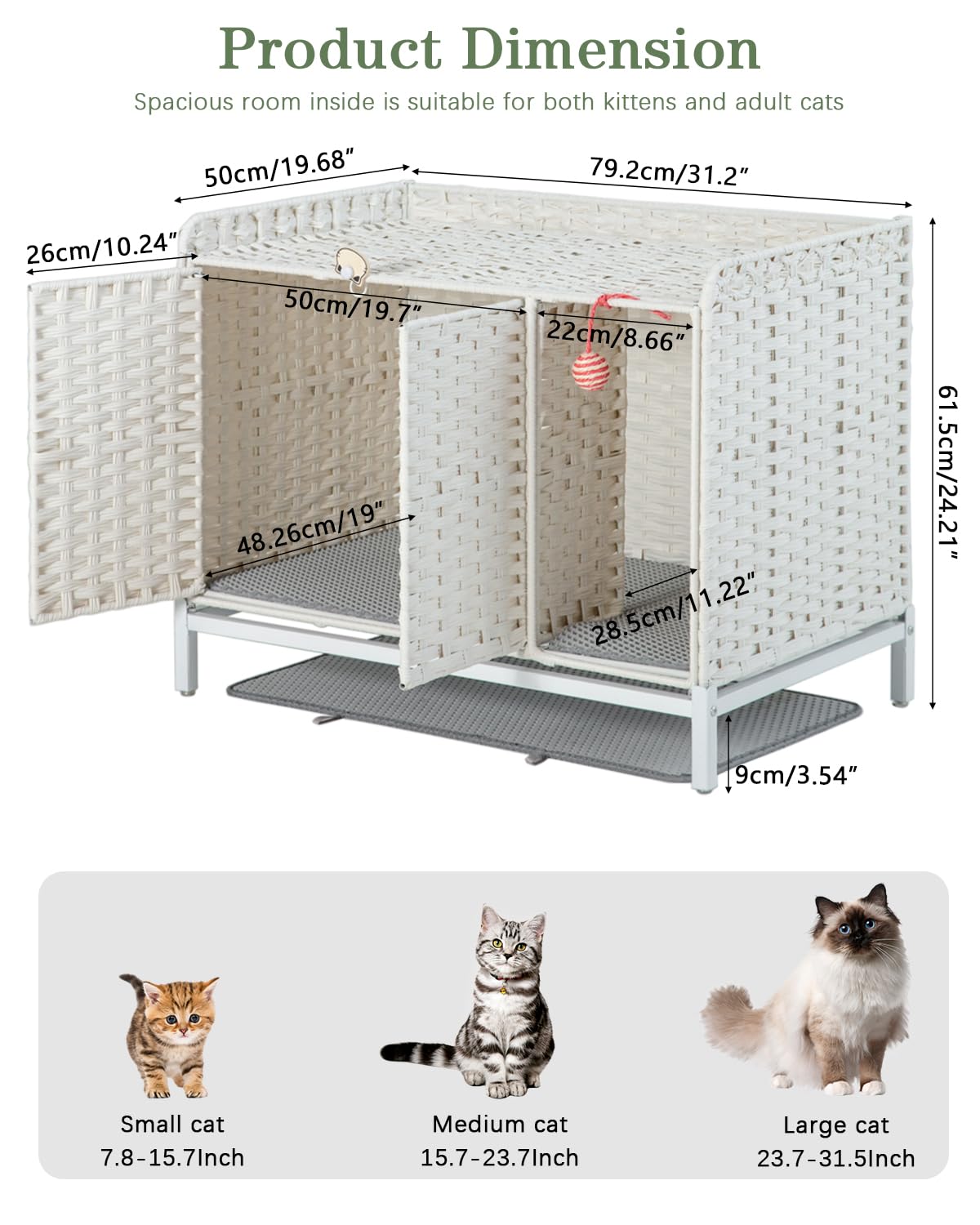 SETVSON Cat Litter Box Enclosure - Handwoven Rattan, 31.2" x 19.6" x 24.2", White, with Divider, Hidden Cat House for