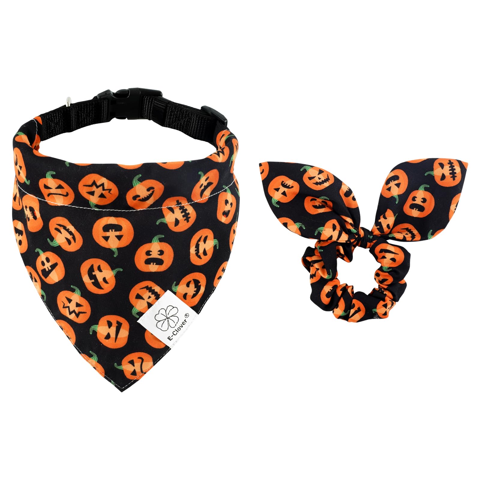 E-Clover Halloween Dog Collar - Pumpkin Dog Collar Bandana & Matching Scrunchie Adjustable Dog Collars Girl Boy For Small Medium
