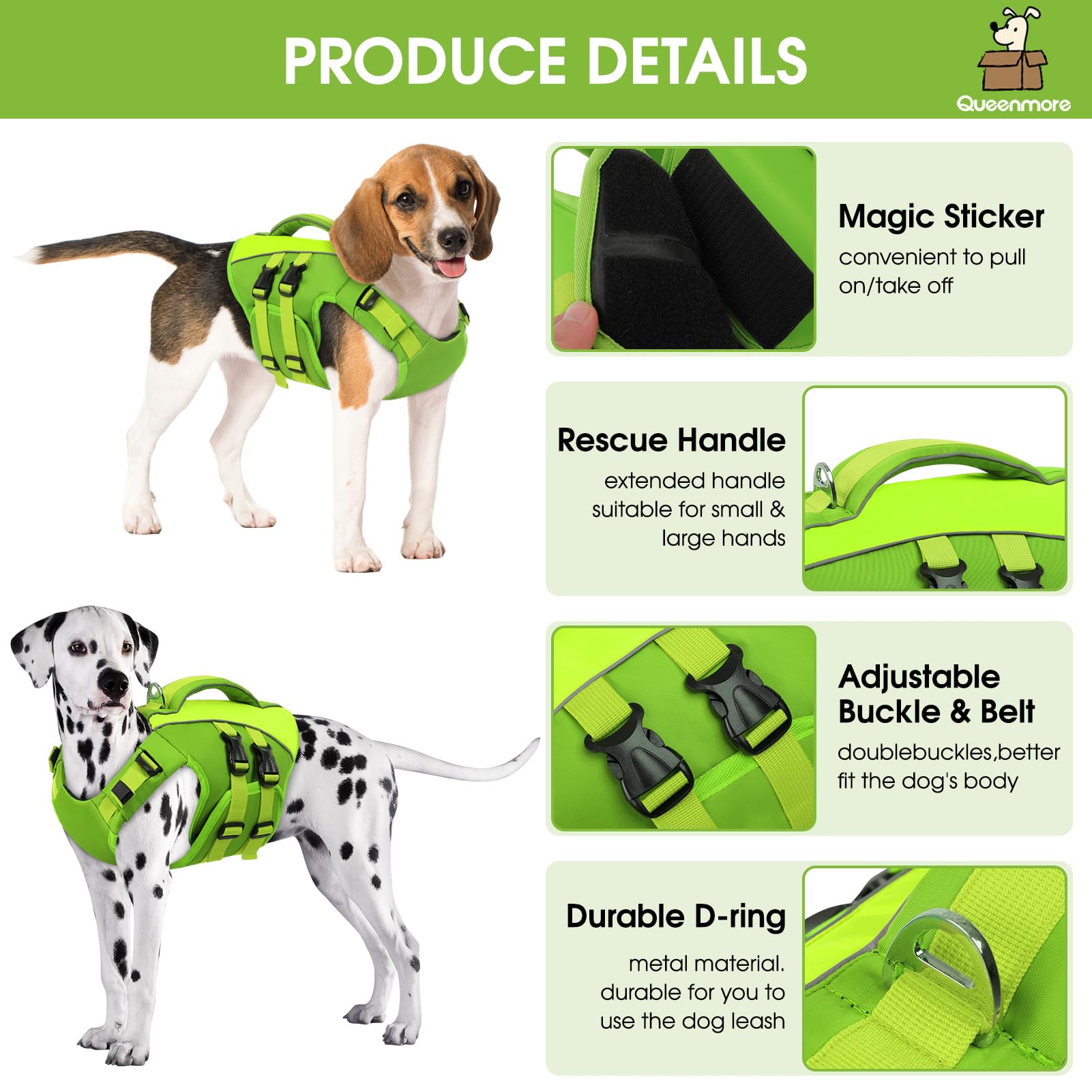 Queenmore Green X-Large Dog Life Jacket, Adjustable Reflective Dog Swimming Vest, Superior Buoyancy, High Floating Pet Life Vest
