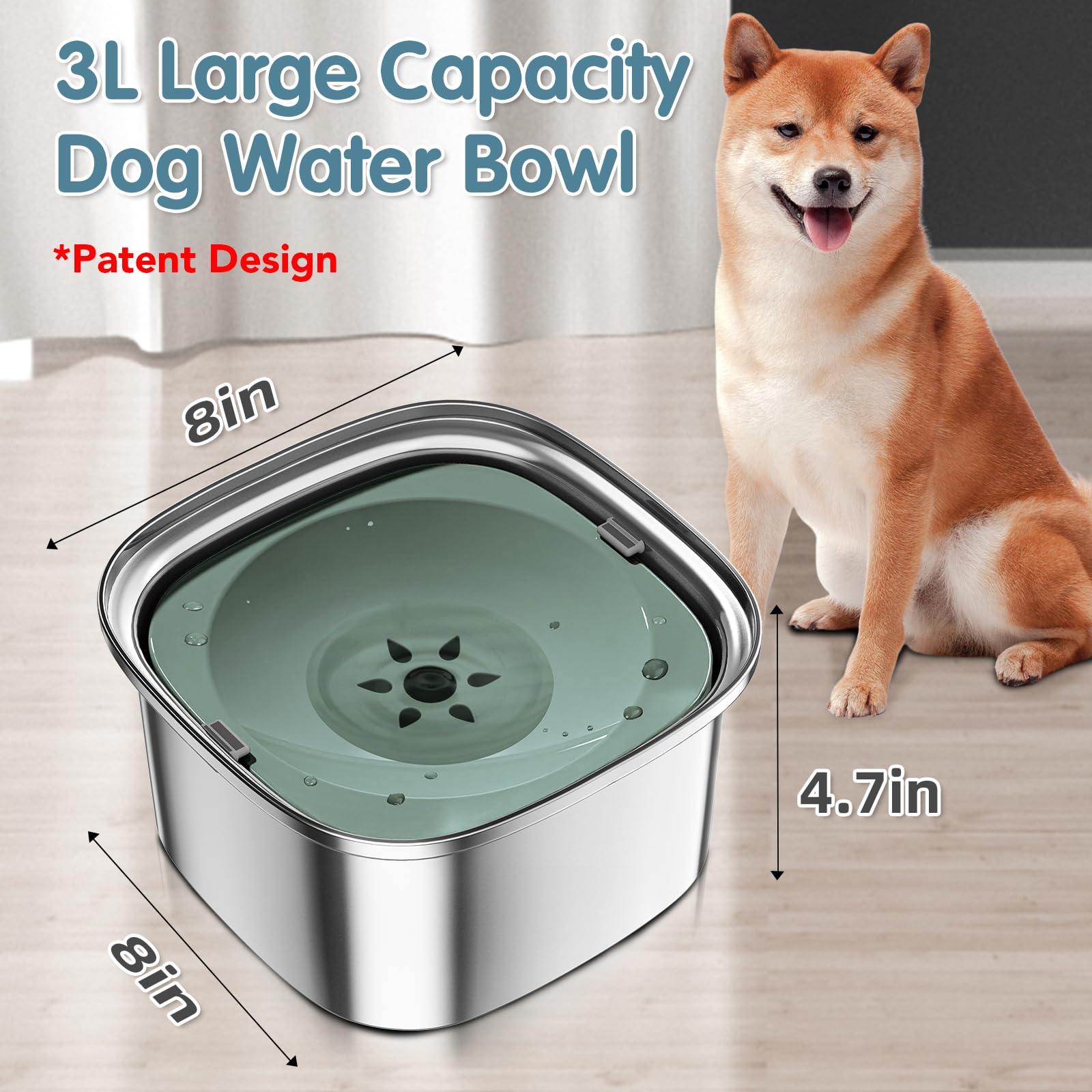 UPSKY 3L Dog Water Bowl 101oz Stainless Steel Dog Bowl No Spill Large Capacity Dog Food Water Bowl Slow Water Feeder, Spill Proo