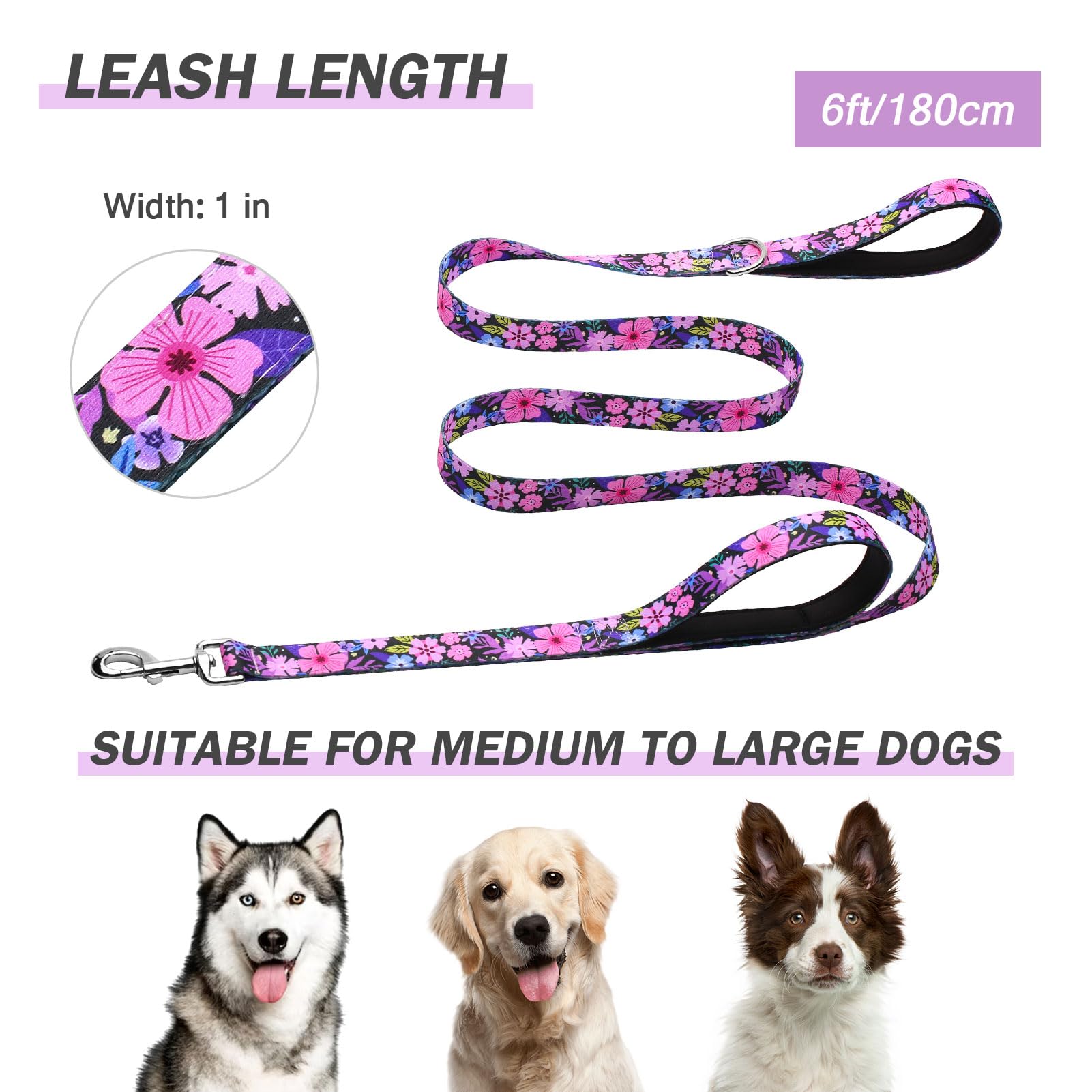 Hikiko Cute Girl Double Handle Dog Leash 6 Foot Padded Traffic Handles For Walking Training (Pinkish-Purple Floral, 6Ft)