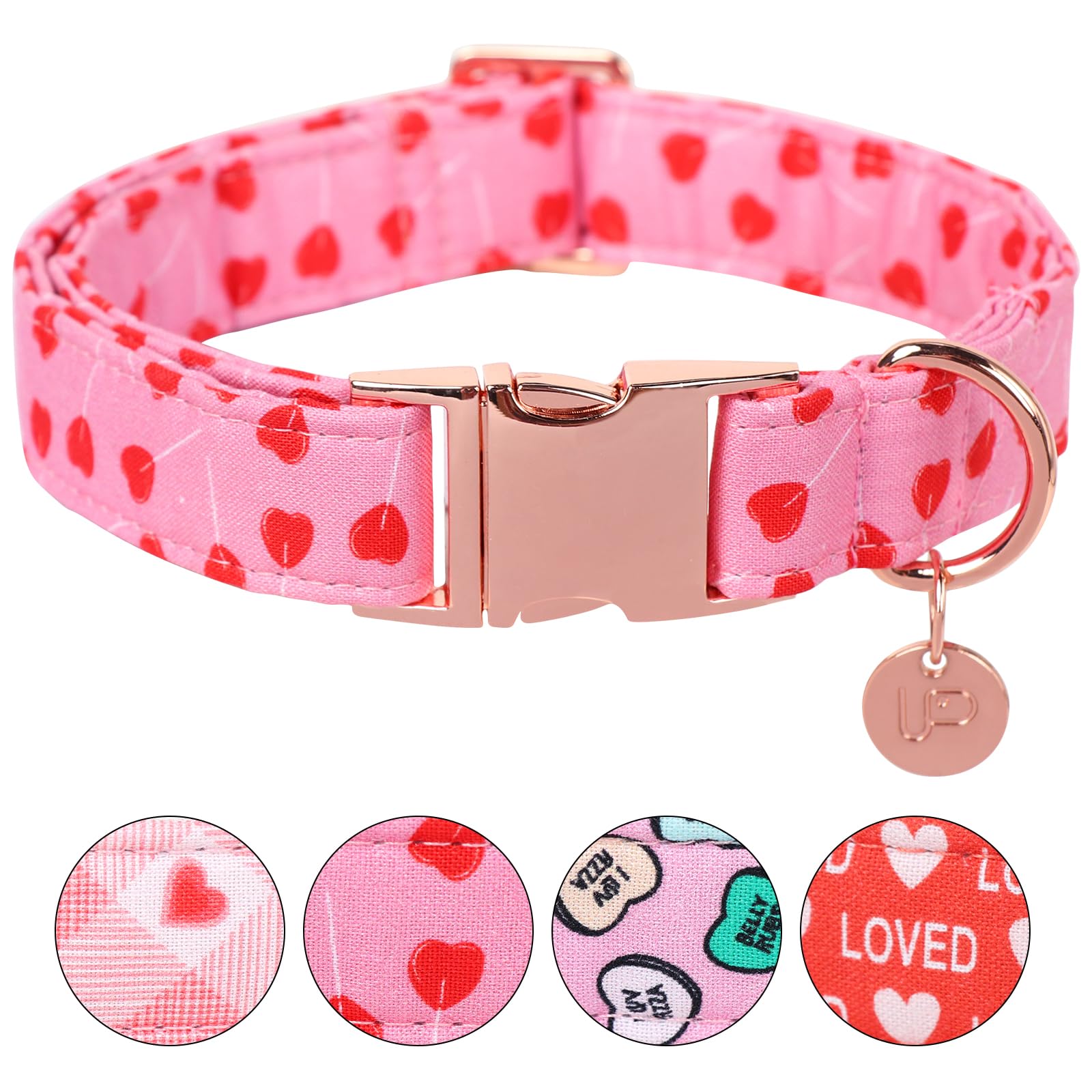 Up Urara Pup Valentine'S Dog Collar, Pink Heart Pattern, Cotton, Adjustable Size, Metal Buckle, Medium, Pink, For Small, Medium,