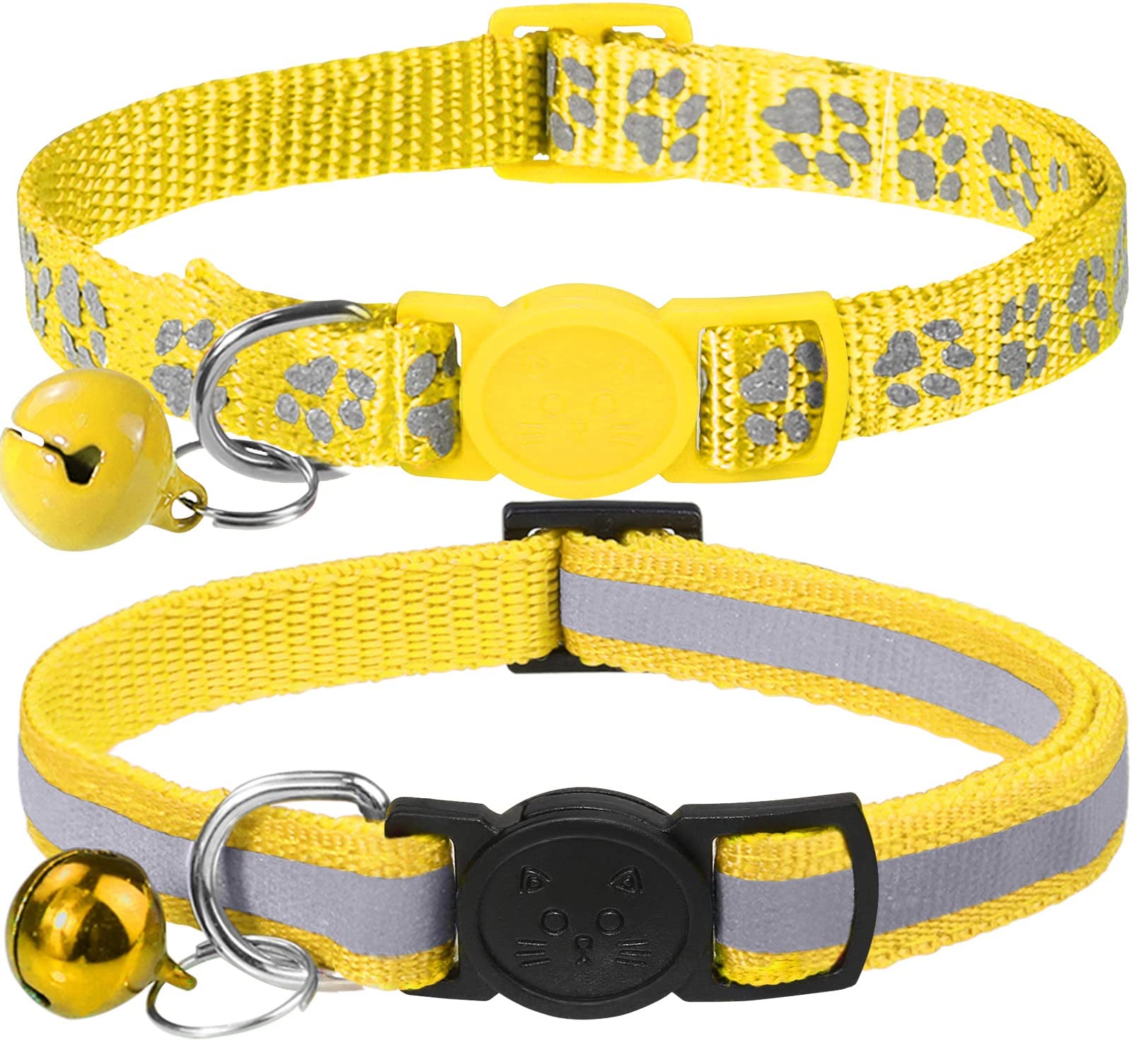 Taglory Reflective Cat Collars Breakaway With Bell, 2 Pack Girl Boy Pet Kitten Collar Adjustable 6-8 Inch, Yellow