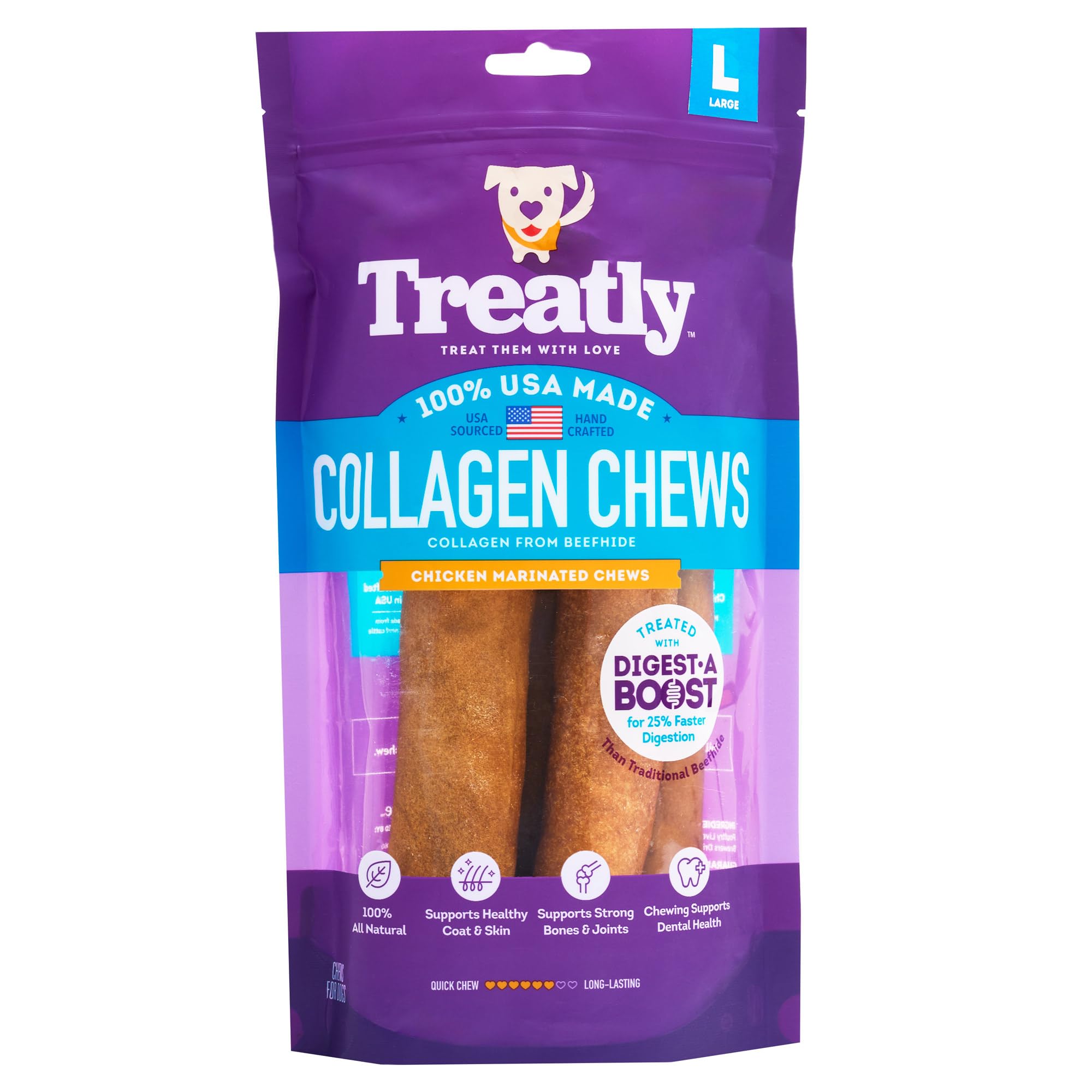 Treatly USA Collagen Rolls 9-10 Dog Chew Treats - Chicken Marinade Flavor, 4 Count/1 Pack