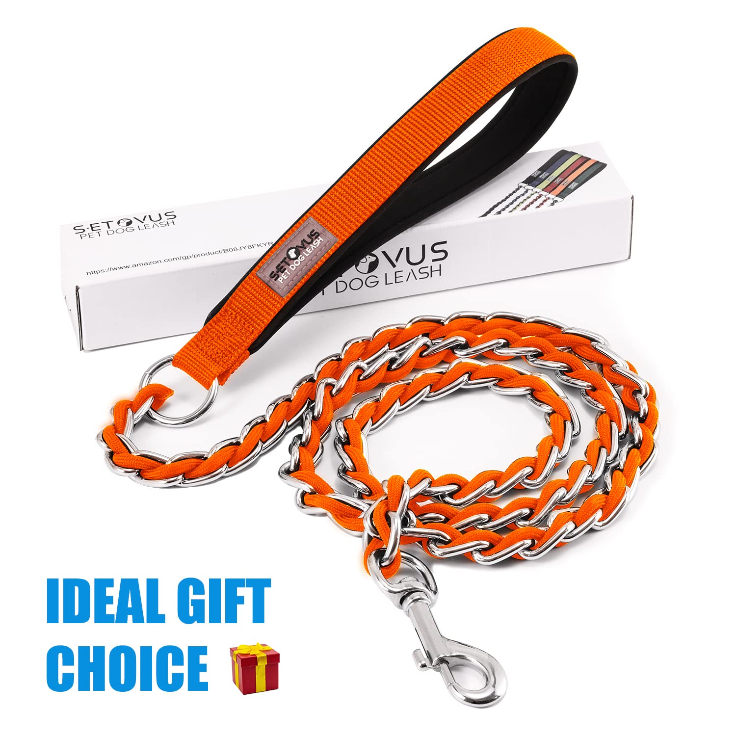 S-ETOVUS Chew Proof Metal Dog Leash - 5FT Chain Link, Anti-Bite, Soft Padded Handle, Orange for Medium & Large Dogs