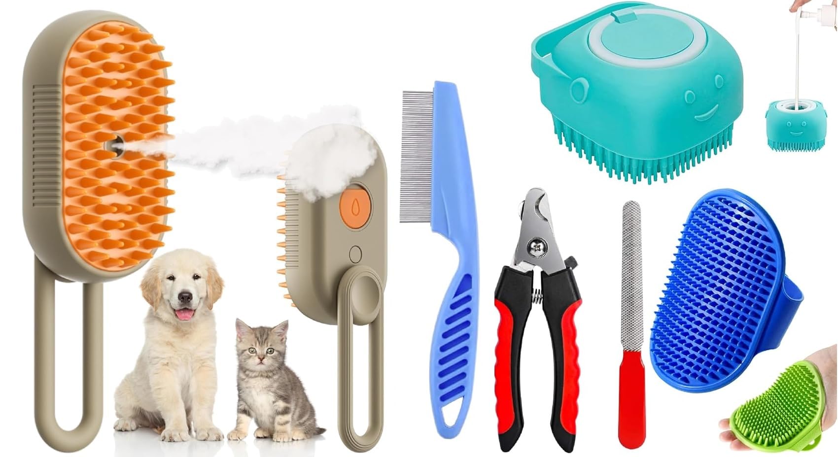 Bekin 6In1 Pet Grooming Set  3In1 Steam Water Brush, Silicone Bath & Massage Tool, Adjustable Rubber Bath Scrubber, Ergonom