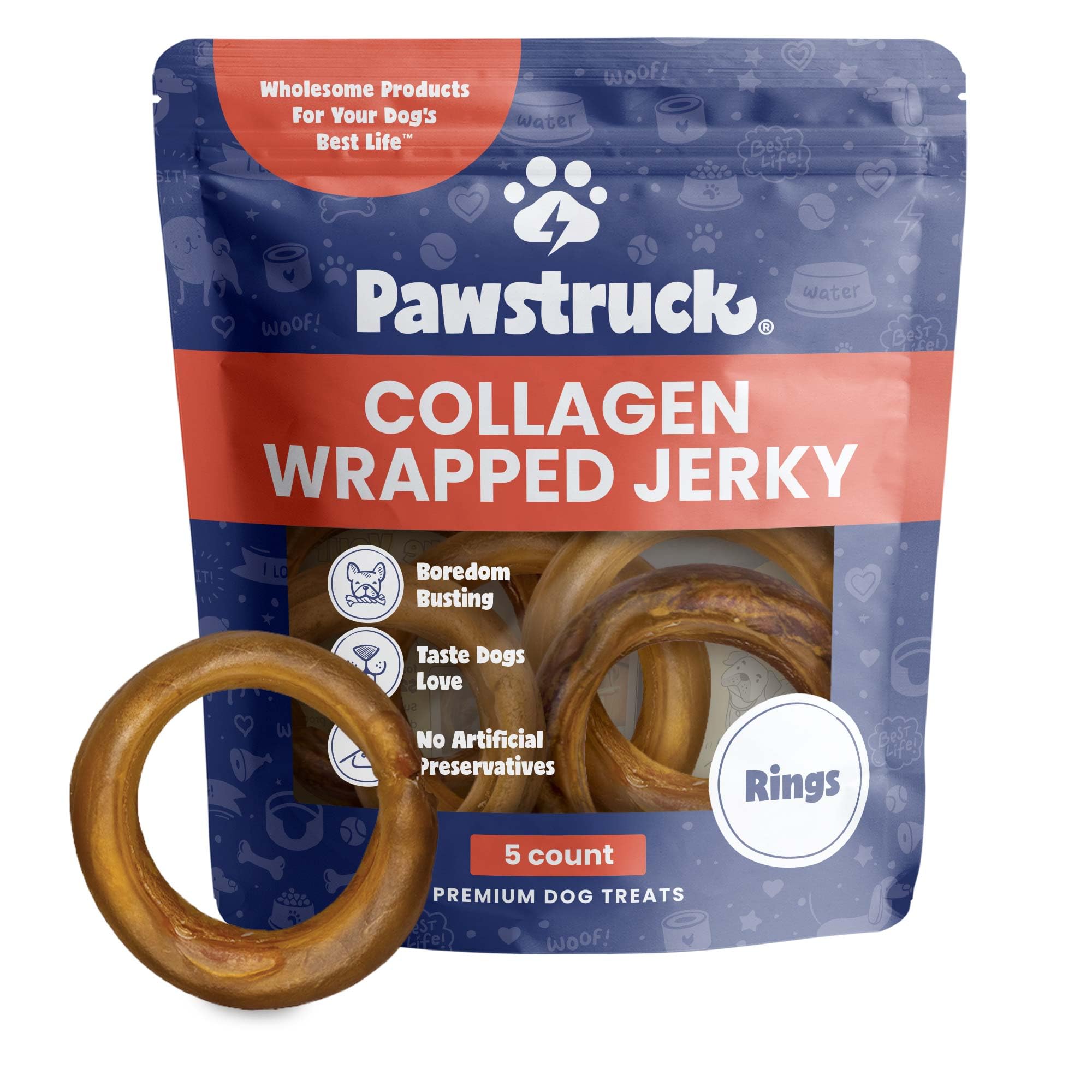 Pawstruck 2-in-1 Collagen Wrapped Jerky Natural Treats for Dogs - 5 Rings - Limited Ingredient Grain Free for Small, Medium, and