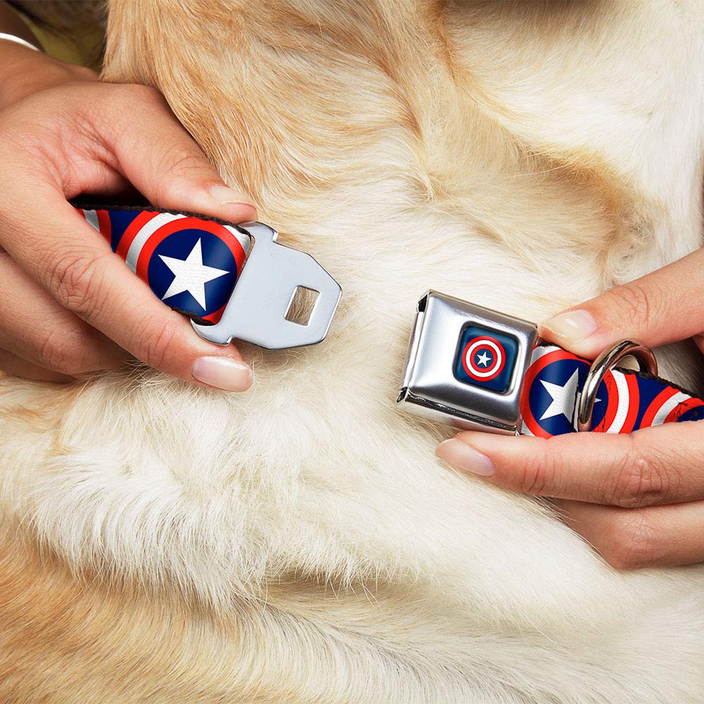 Buckle-Down Seatbelt Buckle Dog Collar - Captain America Shield Repeat Navy - 1.5' Wide - Fits 18-32' Neck - Large