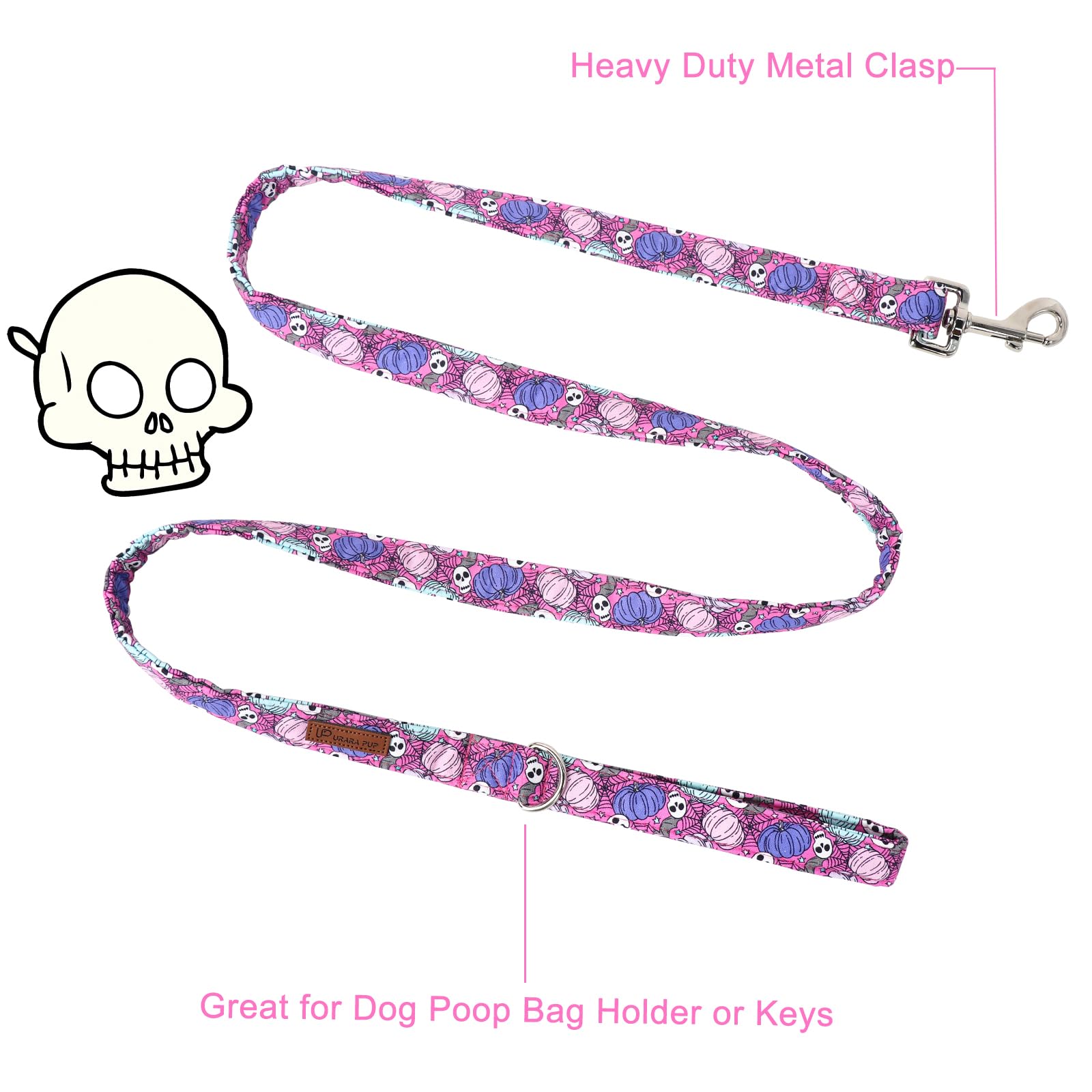 Up Urara Pup Dog Leash & Collar Set, Sturdy Durable Cotton, Pumpkin Pattern, Small To Large Dogs