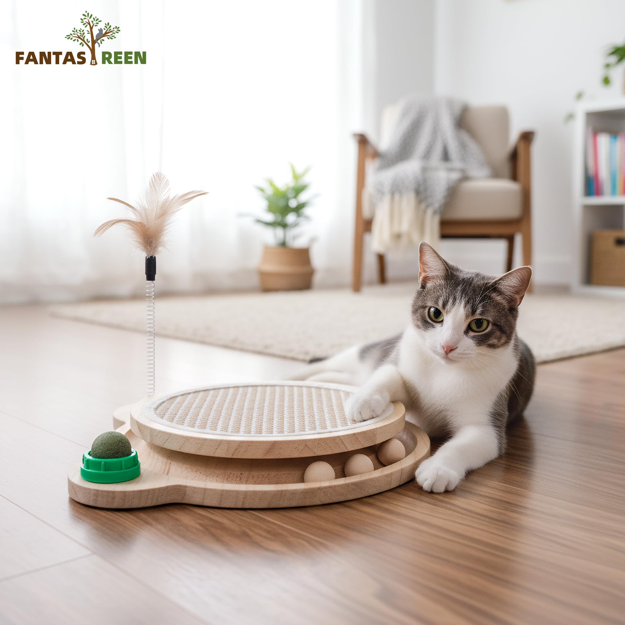Fantasreen Cat Toy Set – Wooden Puzzle with Sisal Scratching Pad, Catnip Ball, Bell Ball, and Feather – Beige, Large, Model SP