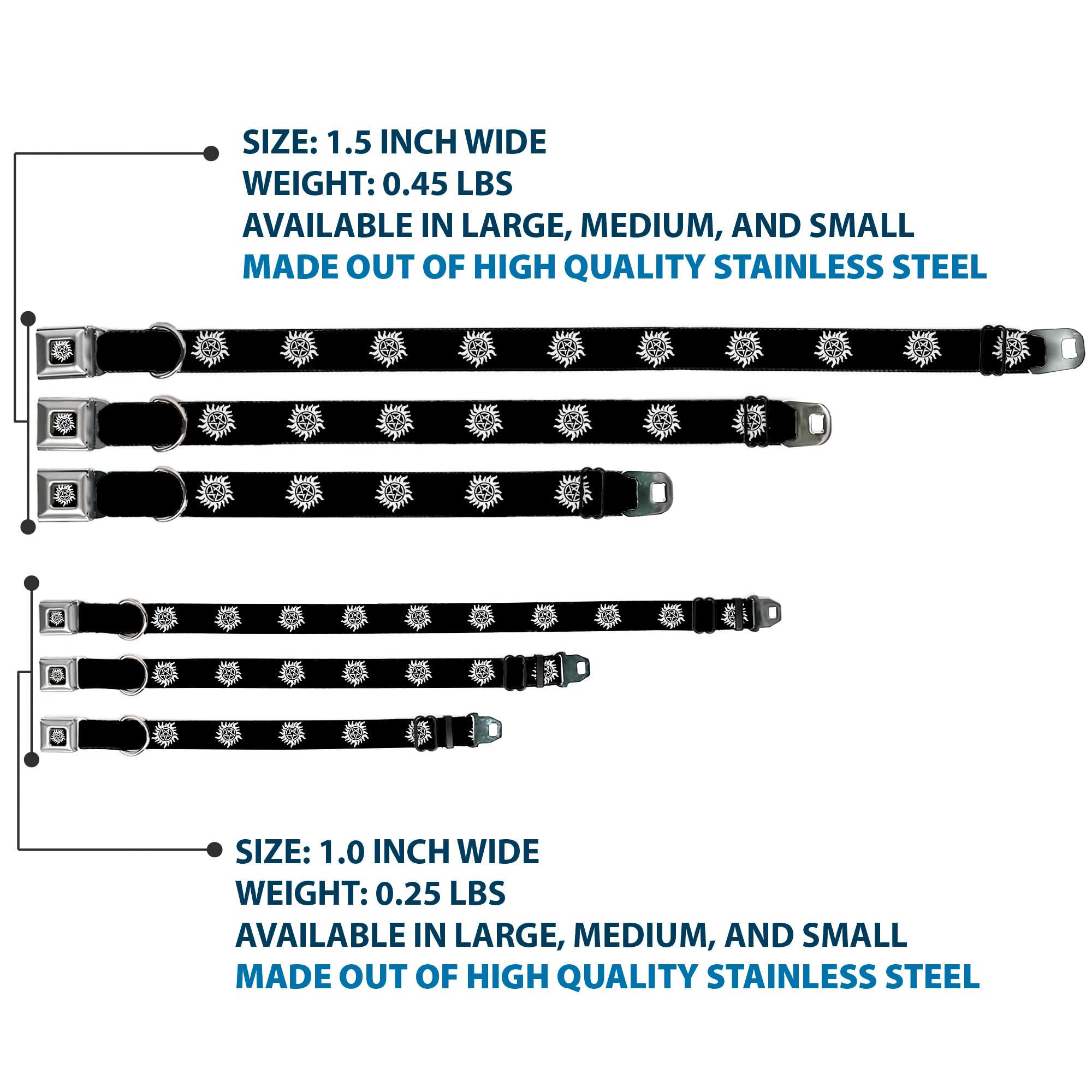 Buckle-Down Dog Collar Seatbelt Buckle Winchester Pentagram Repeat Black White 16 To 23 Inches 1.5 Inch Wide