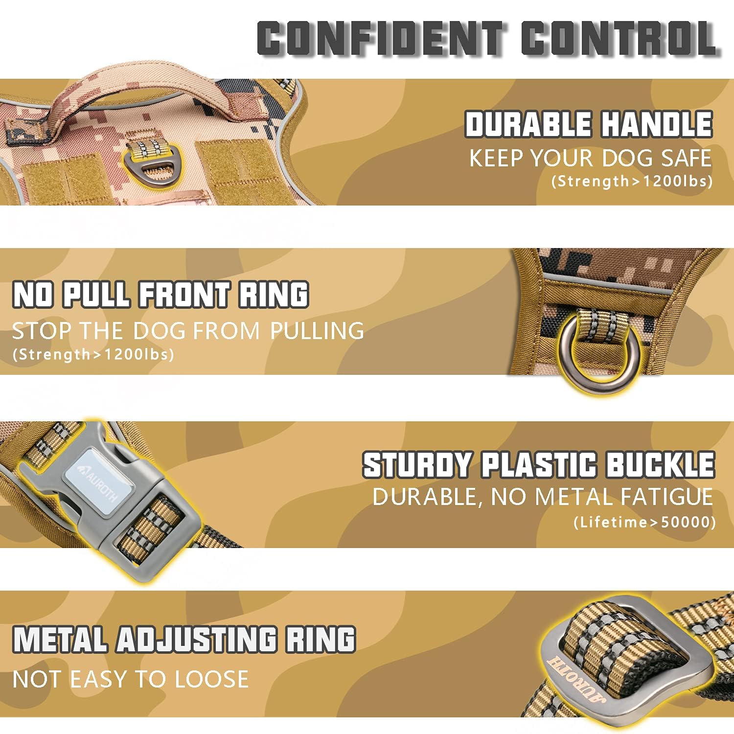 AUROTH Tactical Pet Harness for Large Dogs, No Pull, Adjustable, Nylon, L, Desert Camo, Model 301-Desert Camo-L
