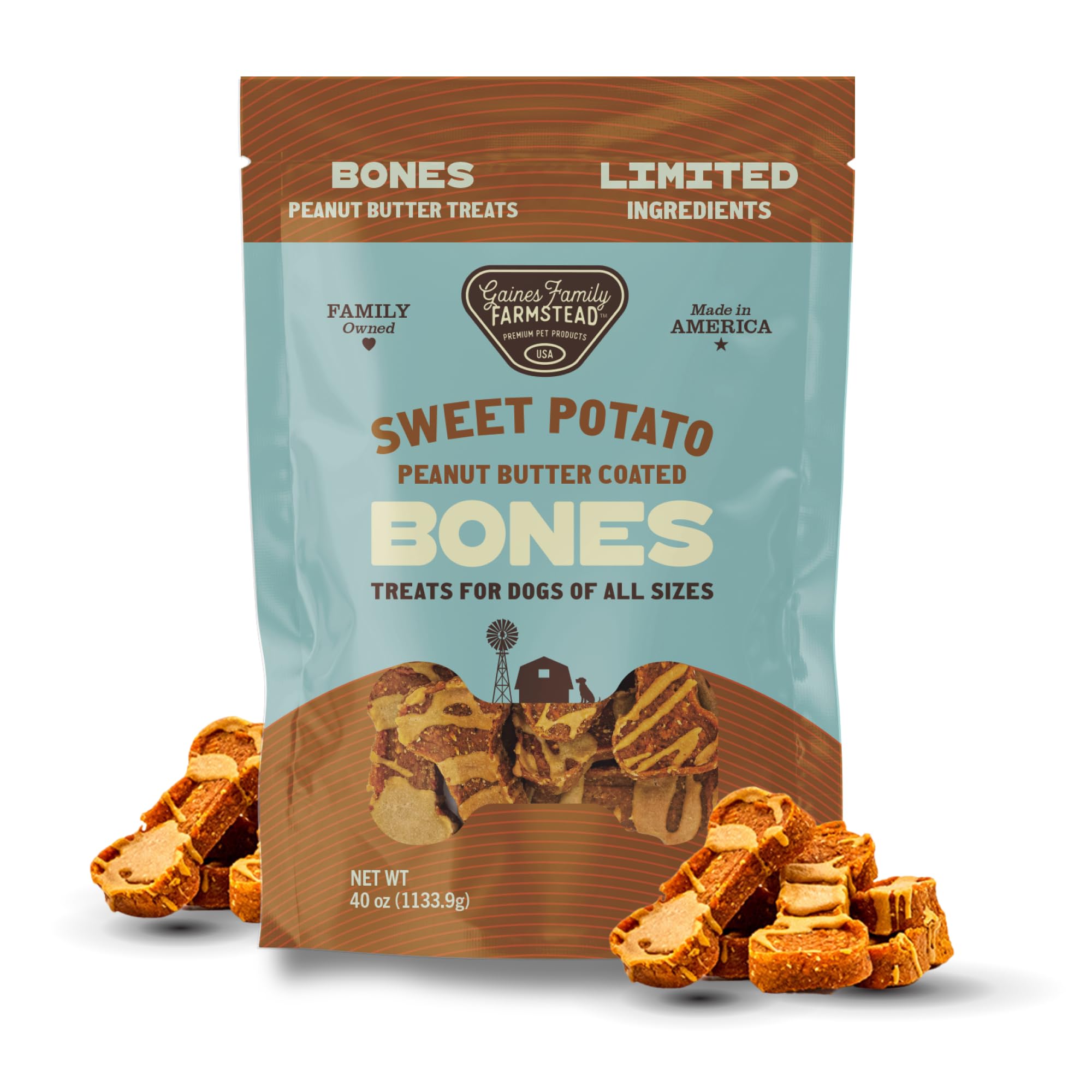 Gaines Family Farmstead Sweet Potato & Peanut Butter Dog Bones - 40 oz, Grain-Free, All-Natural Dog Treats for Digestion, Skin, 