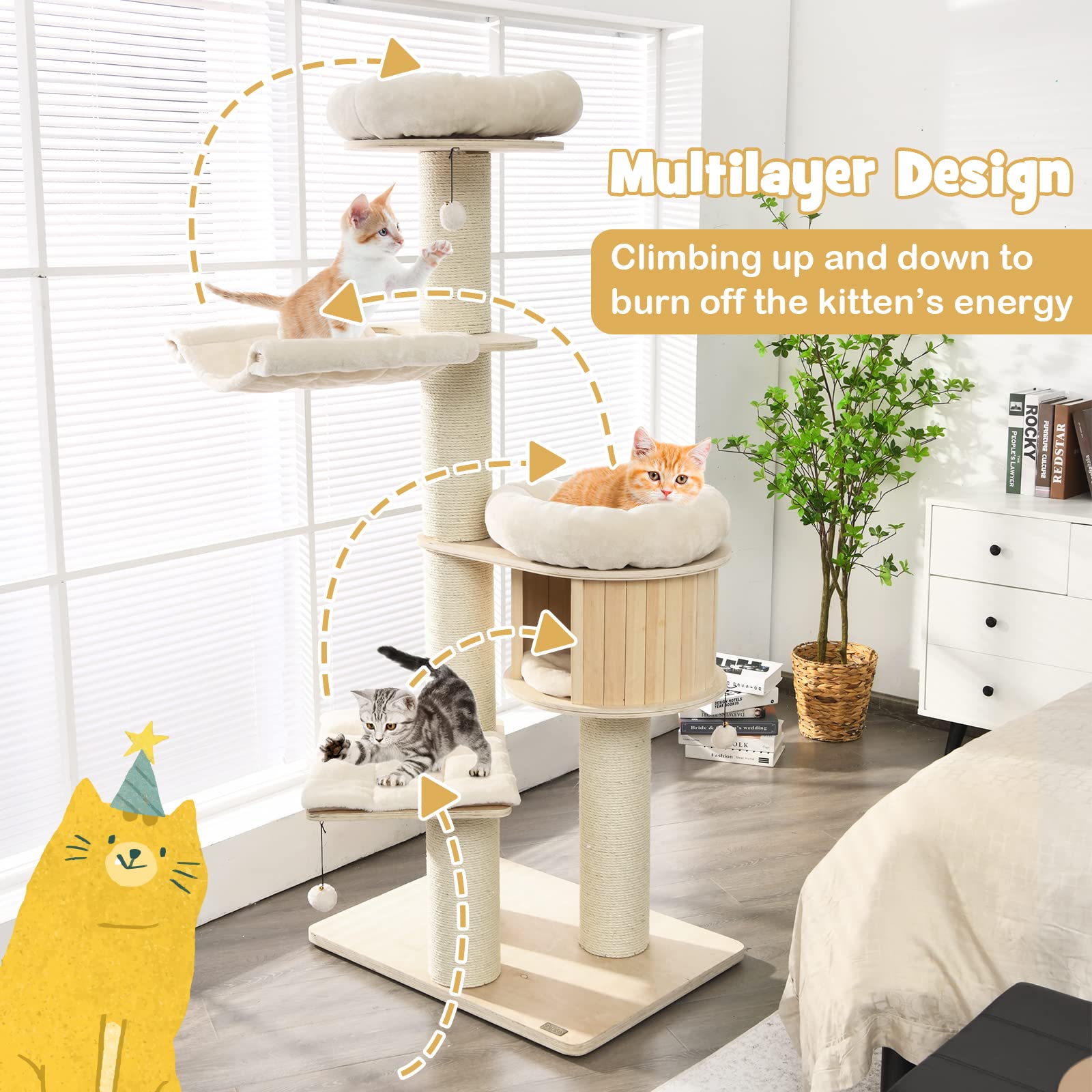 Petsite 68.5' Tall Cat Tree, Multi-Level Modern Cat Tower With Sisal Scratching Posts, Top Perch, Cat Condo, Hammock, Jingling Balls, And Washable Cushions, Cat Tree Tower For Indoor Cats Large Adult