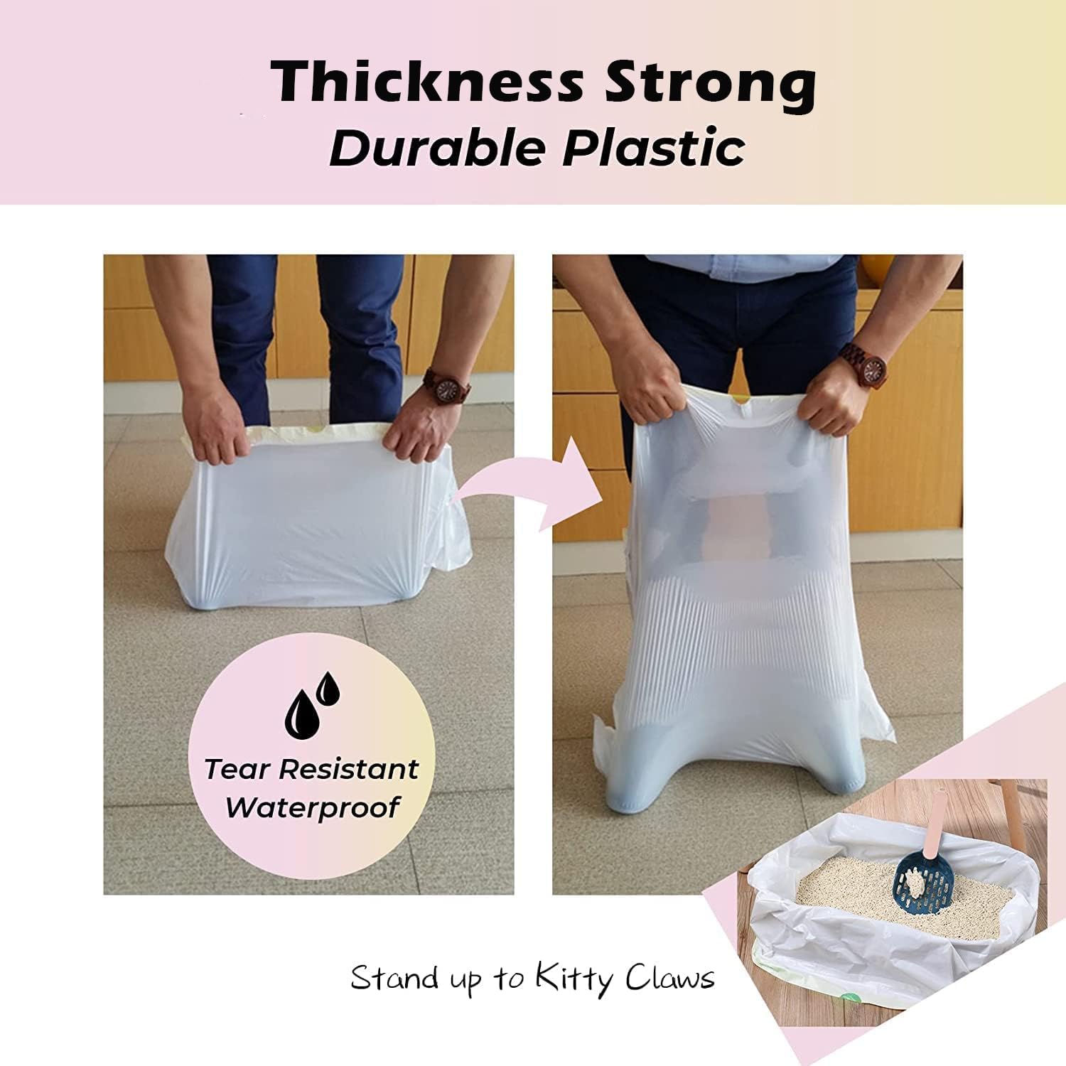 KropBom Cat Litter Box Liners, 30 Count, 46" x 19", Heavy Duty Plastic, White, Drawstring for XXL Litter Boxes