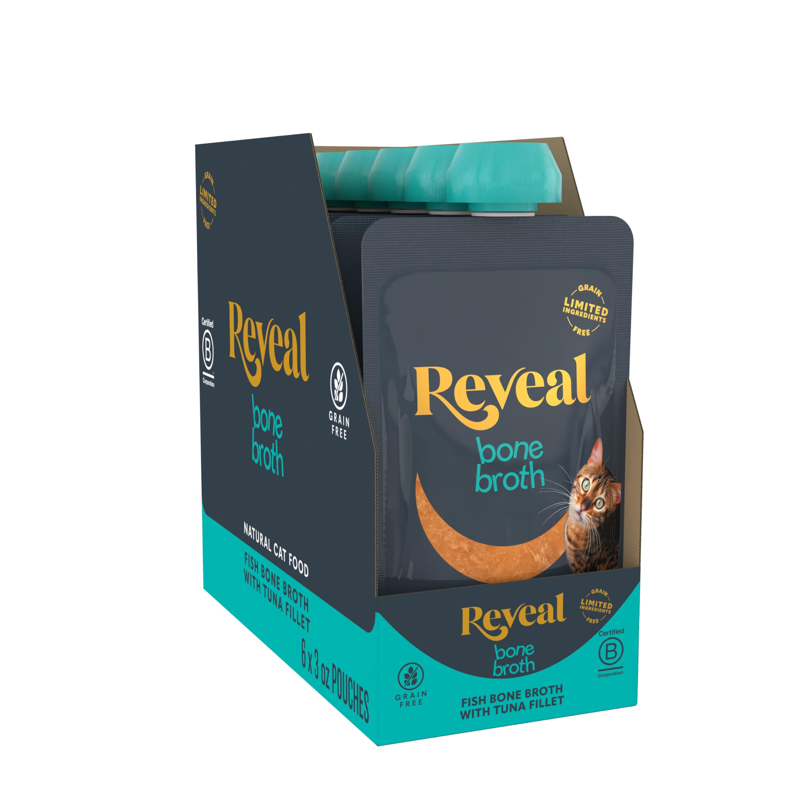 Reveal Tuna Fillet Bone Broth Cat Food Topper 6-Pack, Lickable, High Protein, Limited Ingredient, Grain Free, No Fillers or Arti