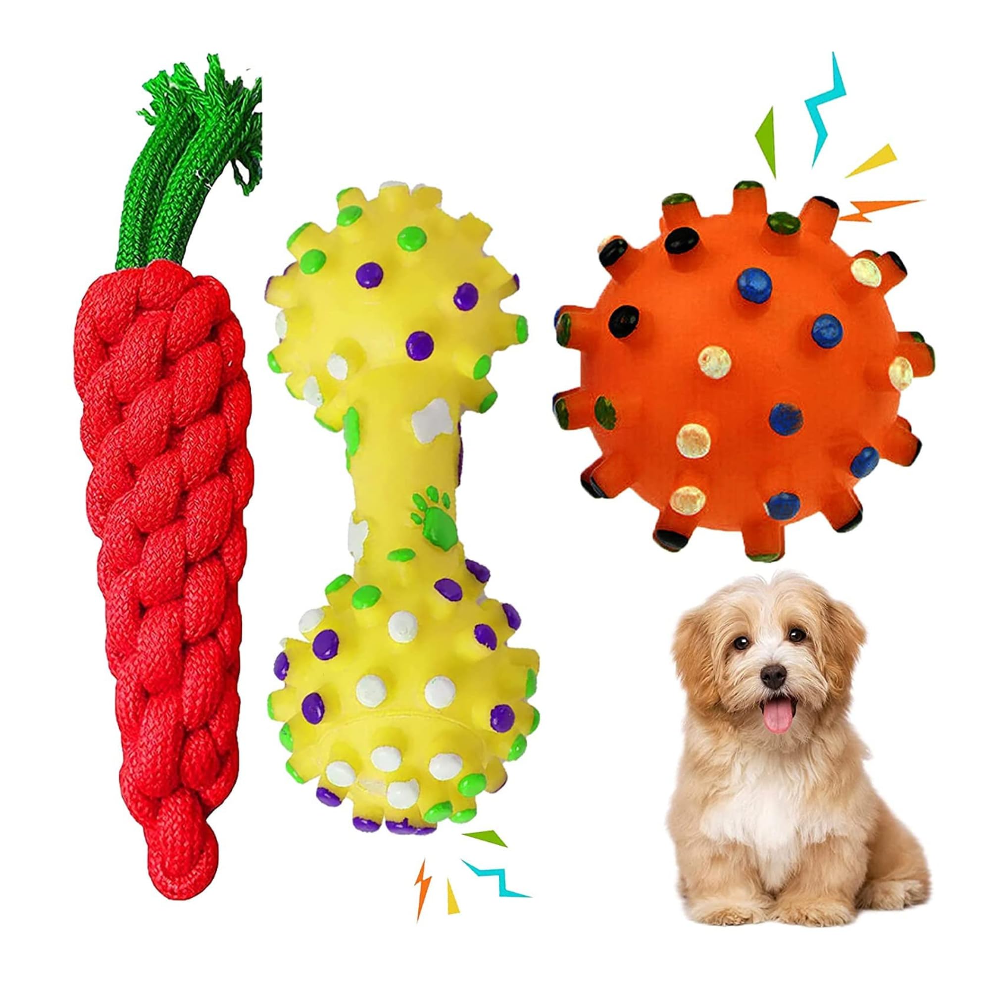 Kittupet 3Pack Puppy Teething Toys & Dog Chew Set  Durable Cotton Rope Carrot And Spiky Rubber Squeak Toys For Small To Medium