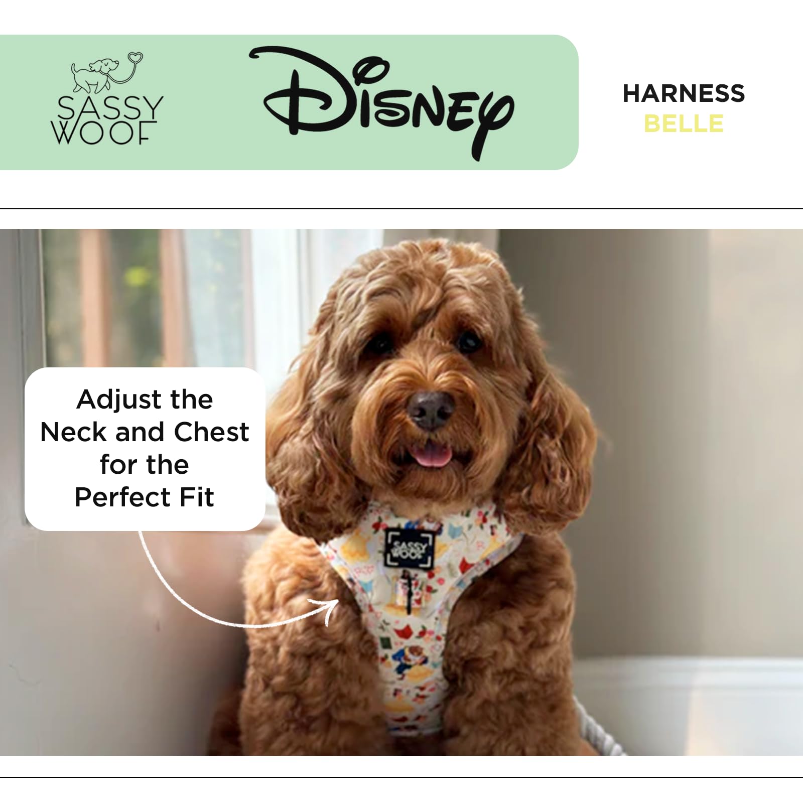Sassy Woof Dog Adjustable Harness - Disney Princess Beauty And The Beast Belle - M, Breathable Mesh, No Pull Design With Two D-R