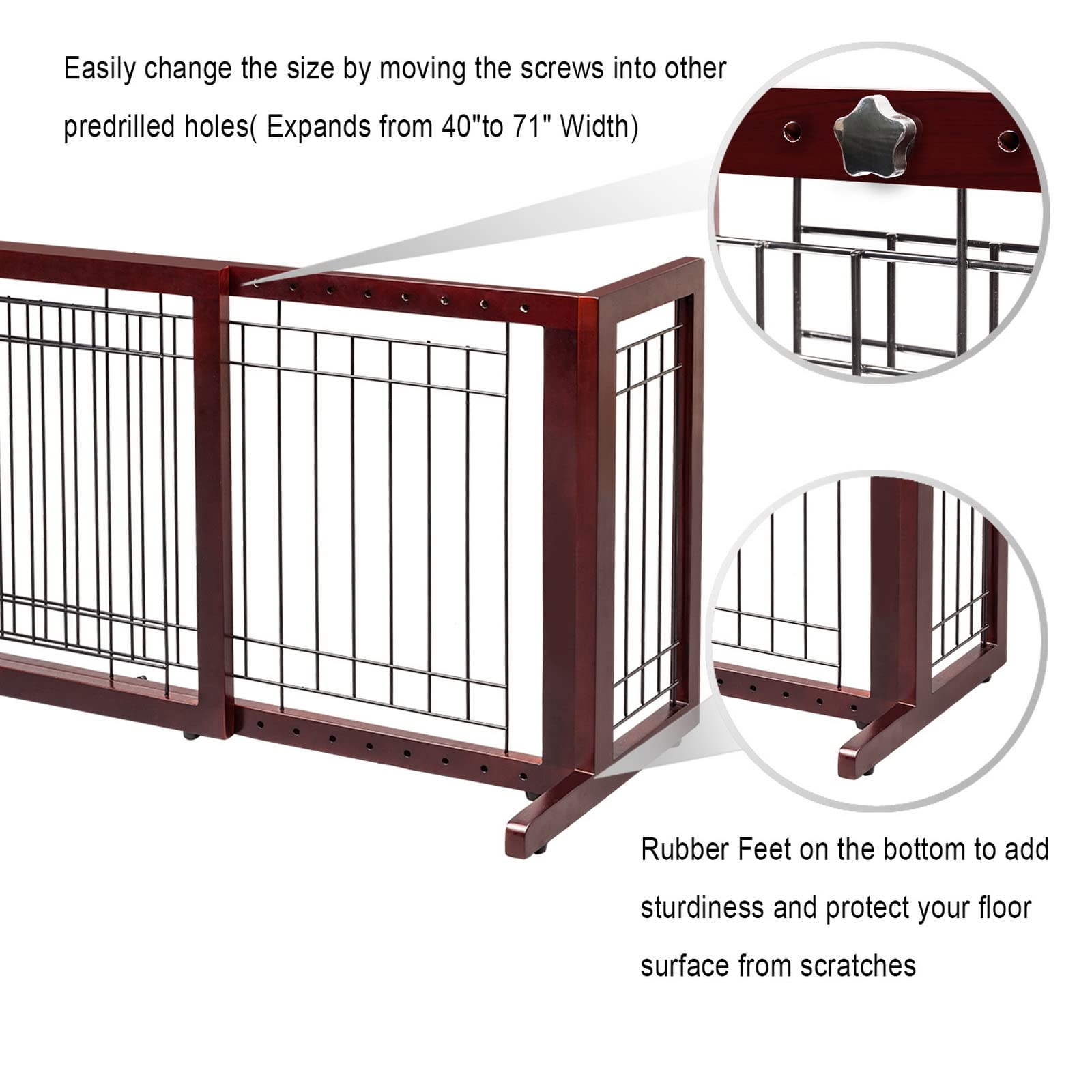 Bonnlo Free Standing Dog Gate, Wooden Adjustable Pet Fence, 37"-68" Wide, Cherry, Model BL-DG-003&610, Ideal for Indoor Use