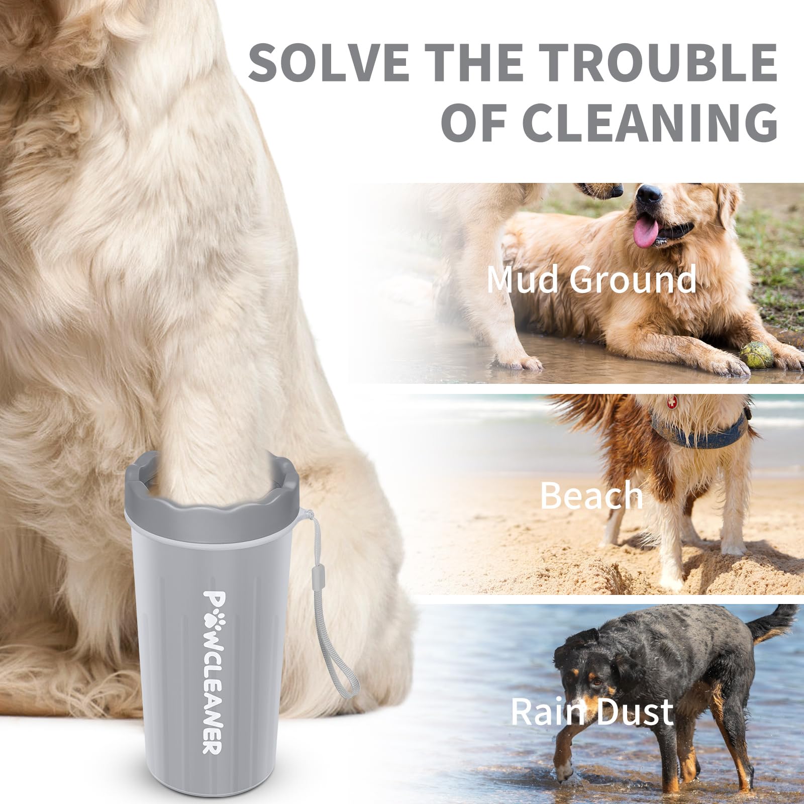 Comotech Dog Paw Washer With Bath Brush - Large, Grey (With 3 Absorbent Towels, Adjustable Handle For Long & Short Haired Dogs)