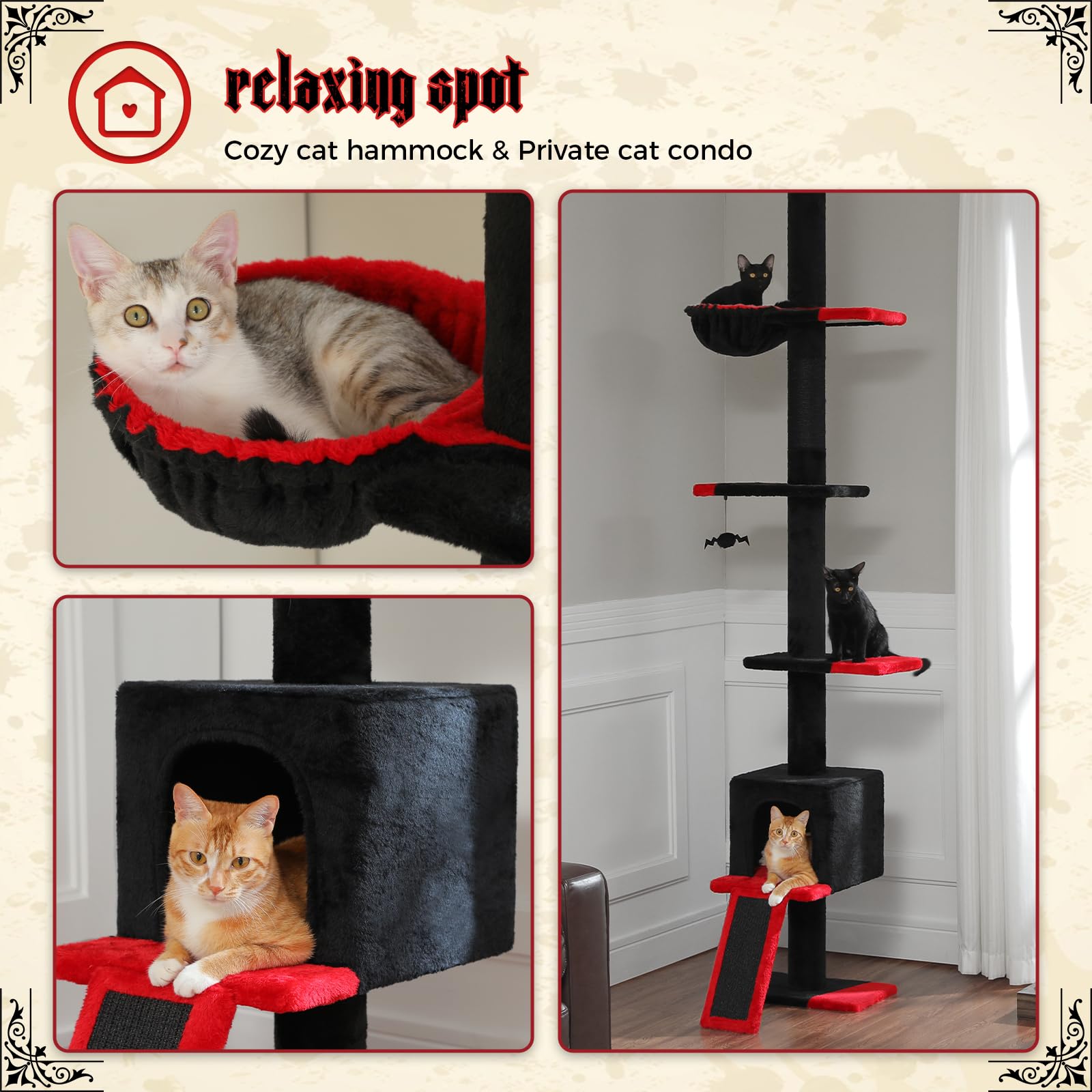 Pequlti Gothic Cat Tree Floor To Ceiling, Tall Cat Tower, Adjustable Height (83''-108'') 5 Tiers Climbing Tree For Indoor Cats W