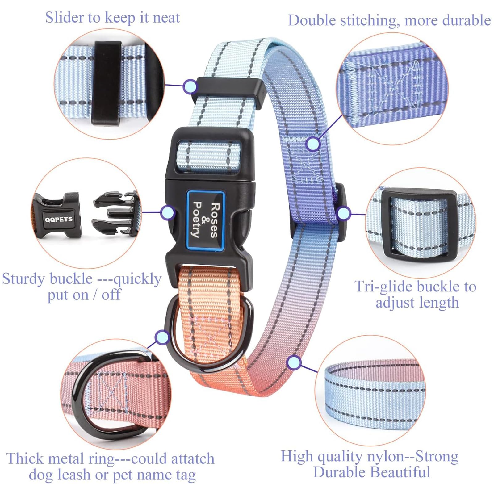 Roses&Poetry Reflective Dog Collar With Gradient Azure, Adjustable Durable Pet Collars For Small Medium Large Dogs (Azure-L)