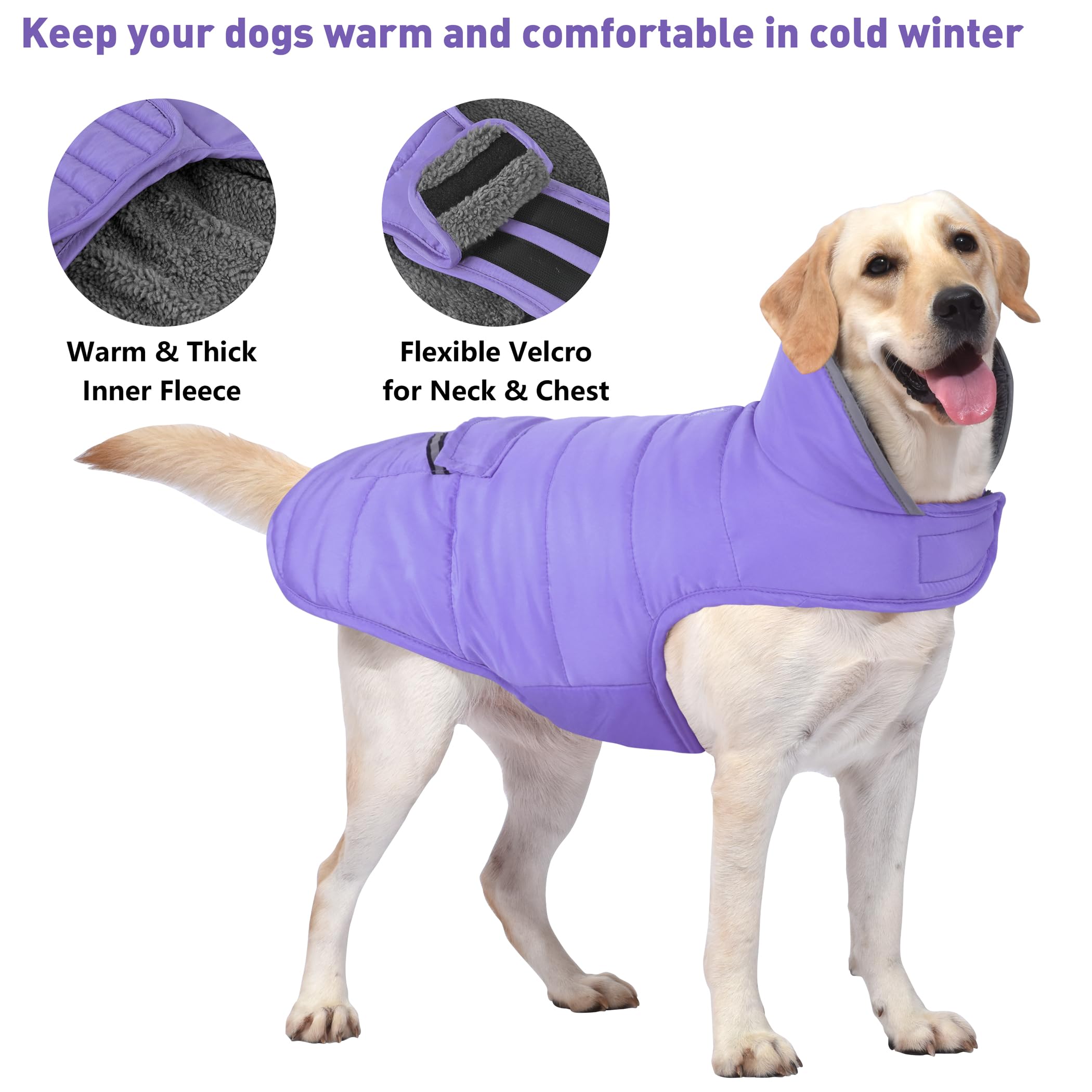 Petglad Waterproof Dog Coat - Reflective Adjustable Jacket, Warm Fleece Vest for XS Dogs, Light Purple