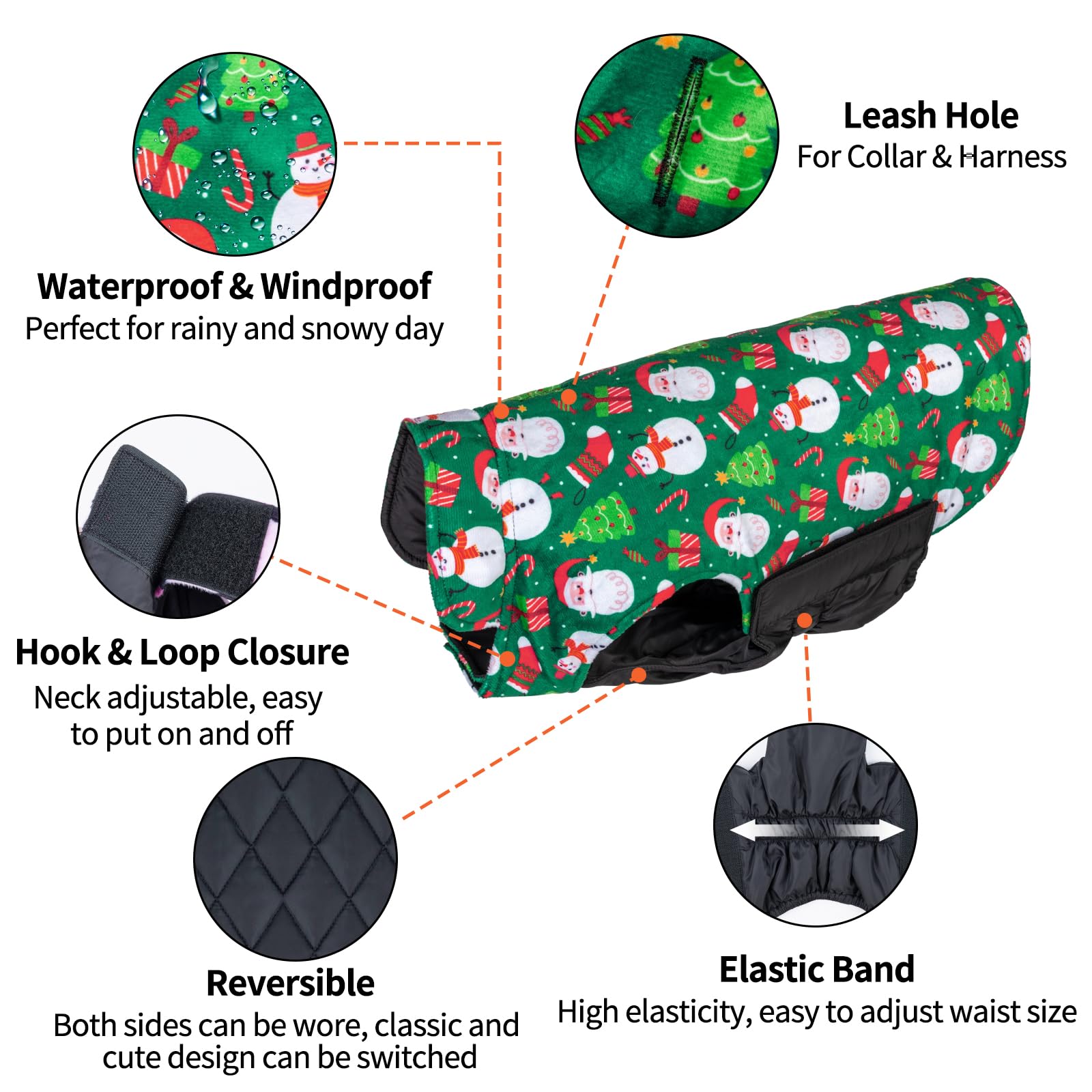 Cutebone Winter Dog Jacket - Reversible Waterproof Windproof Coat With Leash Hole - Soft, Thick, Adjustable Fits Small To Large