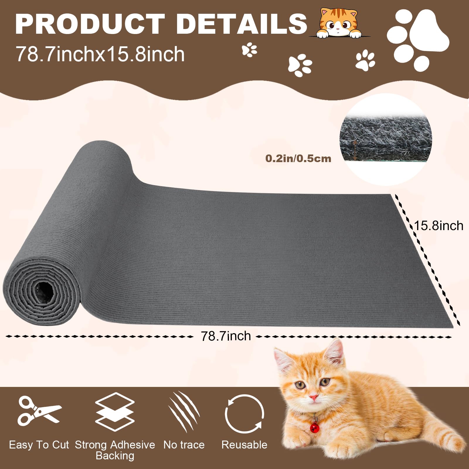 Cat Scratch Furniture Protector, 78.7''X15.8'' Cat Scratching Mat, Trimmable Self-Adhesive Cats Claws Scratch Pads, Diy Carpet M