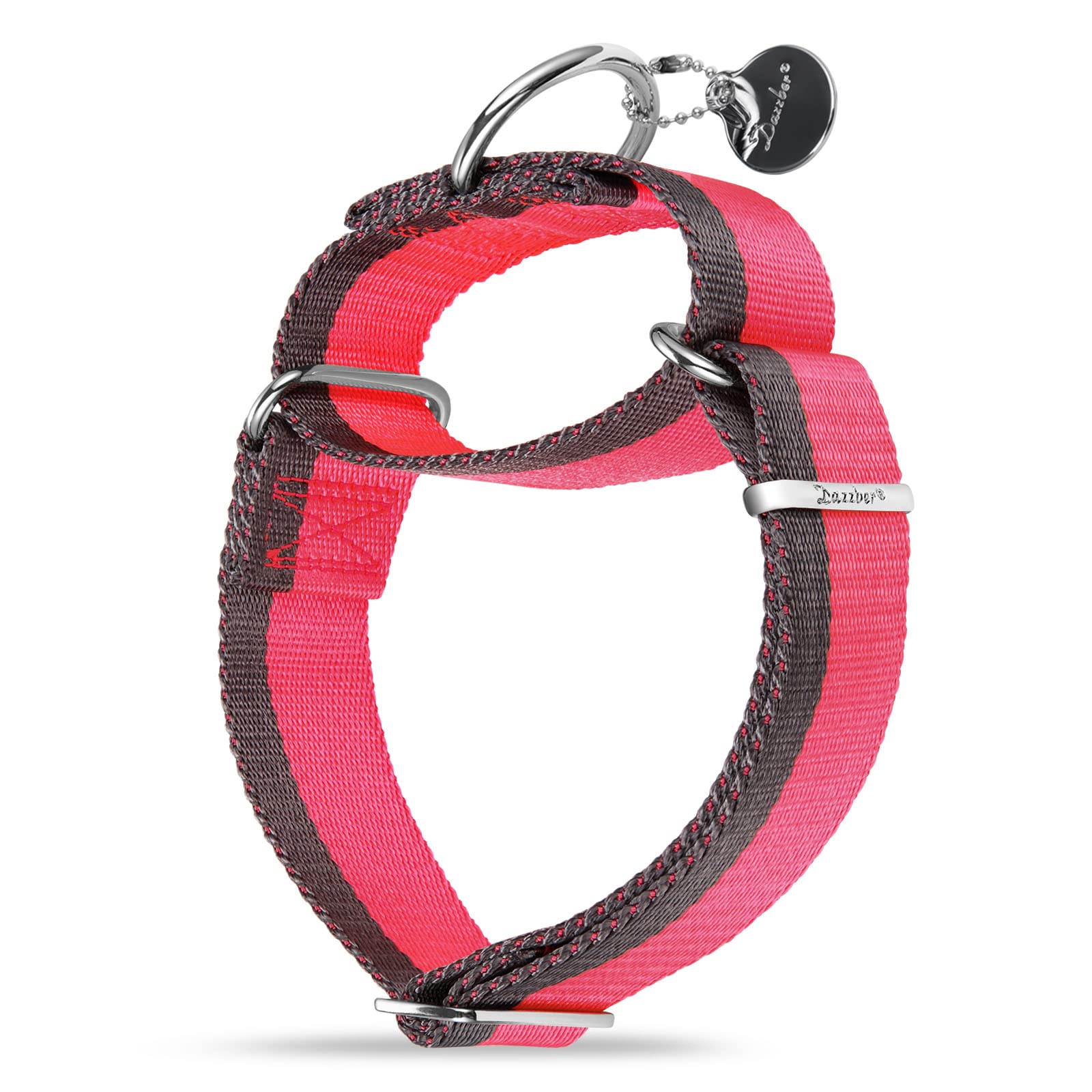 Dazzber Martingale Collar 1.5 Inch Wide 1200D Extra Strong Nylon Dog Collar, No Pull Heavy Duty Dog Collar With 2-Color Stripe For Medium To Xlarge Dogs (Medium, 1 1/2 Inch Wide, Hot Pink & Grey)