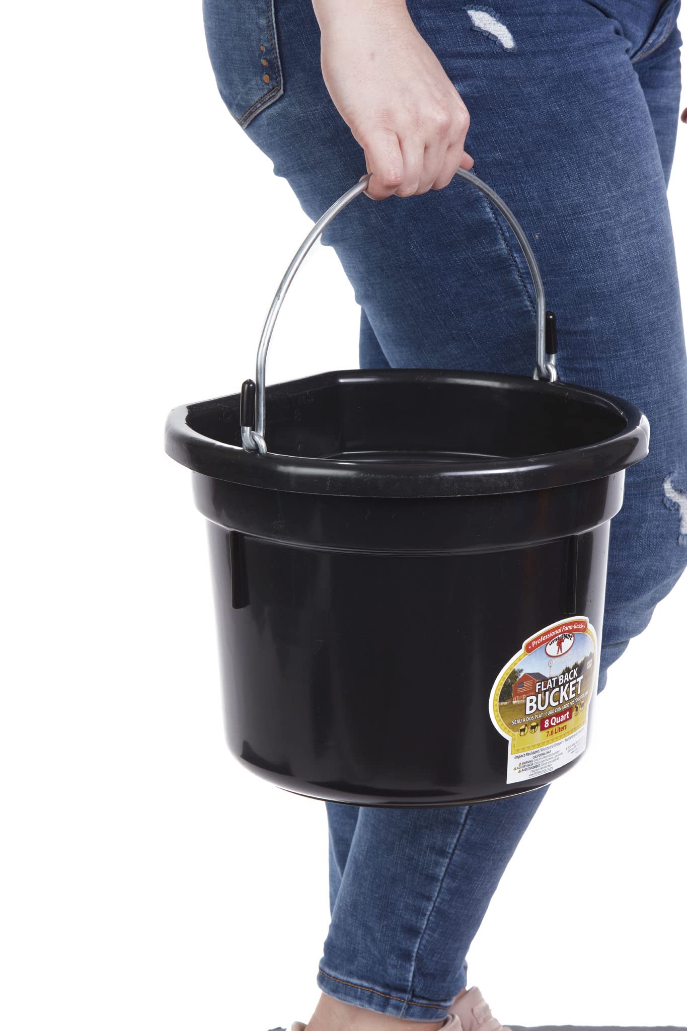 Little Giant Plastic Animal Feed Bucket (Black) Flat Back Plastic Feed Bucket with Metal Handle (8 Quarts / 2 Gallons) (Item No.