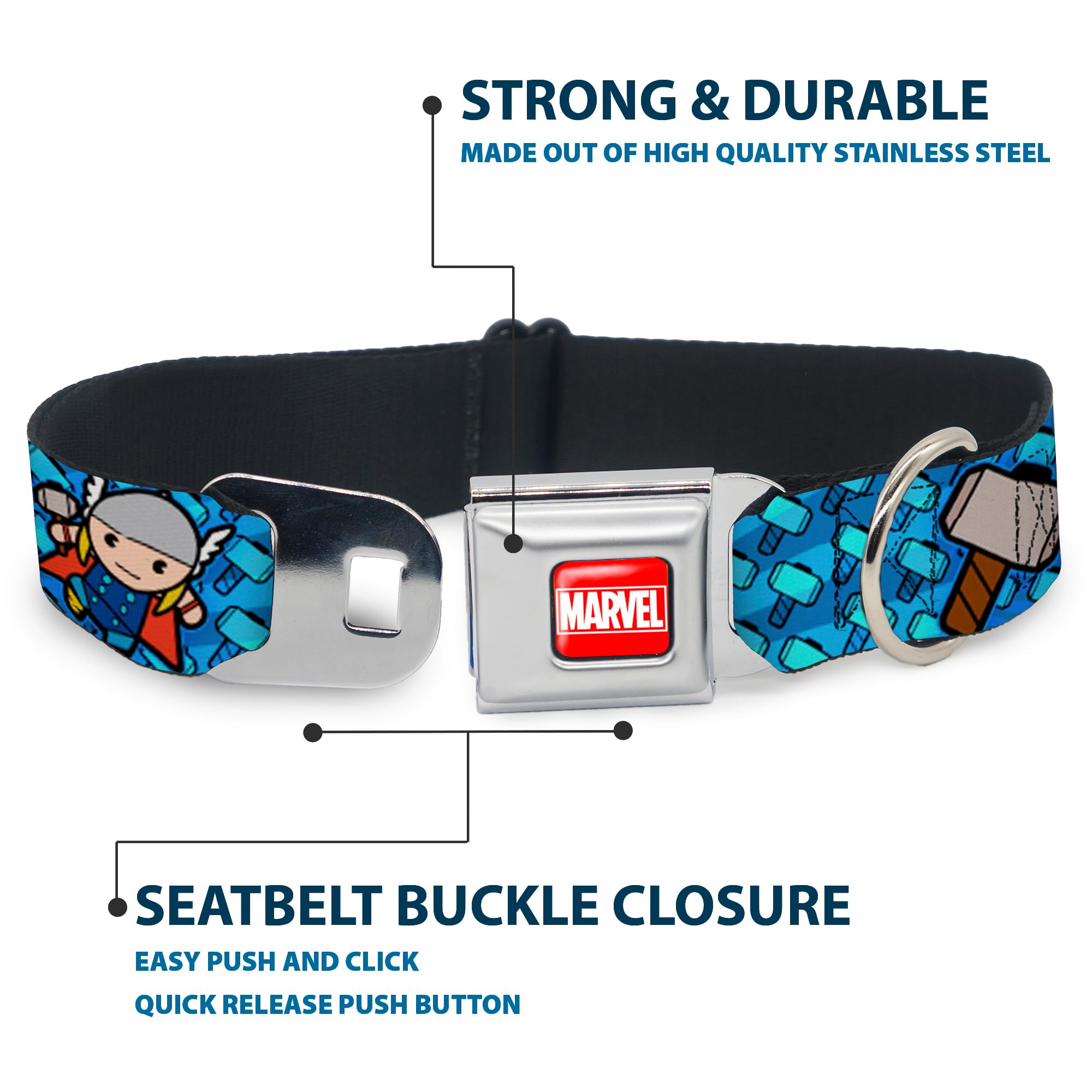 Buckle-Down Dog Collar Seatbelt Buckle Kawaii Thor Poses Hammer Monogram Blues 13 To 18 Inches 1.5 Inch Wide, Multicolor, Dc-Wth