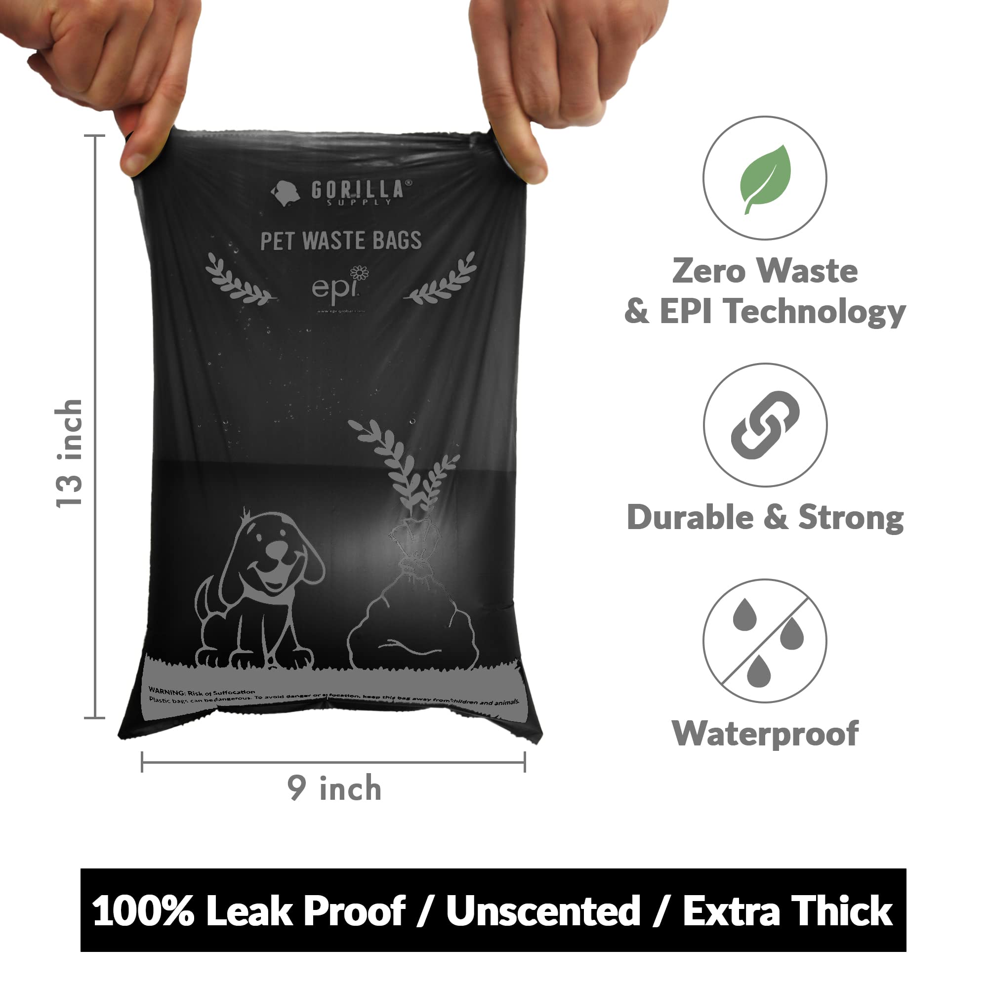 GORILLA SUPPLY Dog Poop Bags with Dispenser, 1000 Count, 9" x 13", Black, Plastic